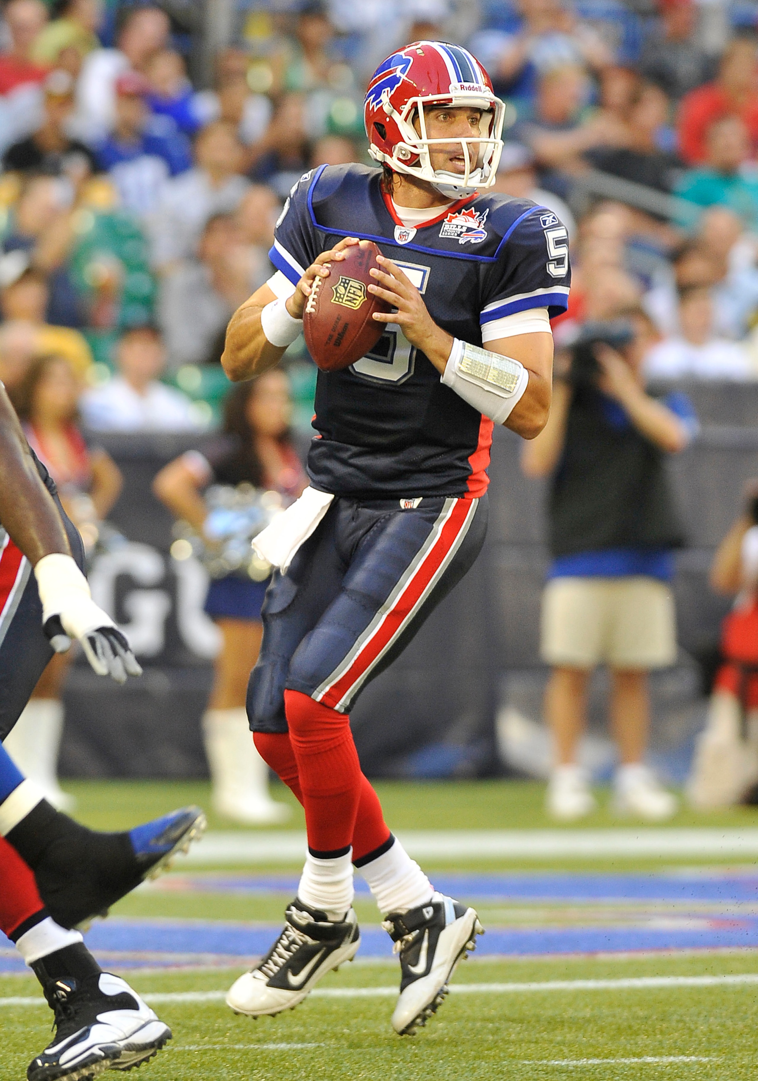 TORONTO, CANADA - AUGUST 19: Trent Edwards #5 of the Buffalo Bills drops back to pass during game action against the Indianapolis Colts on August 19, 2010 at the Rogers Centre in Toronto, Ontario, Canada. (Photo by Brad White/Getty Images)