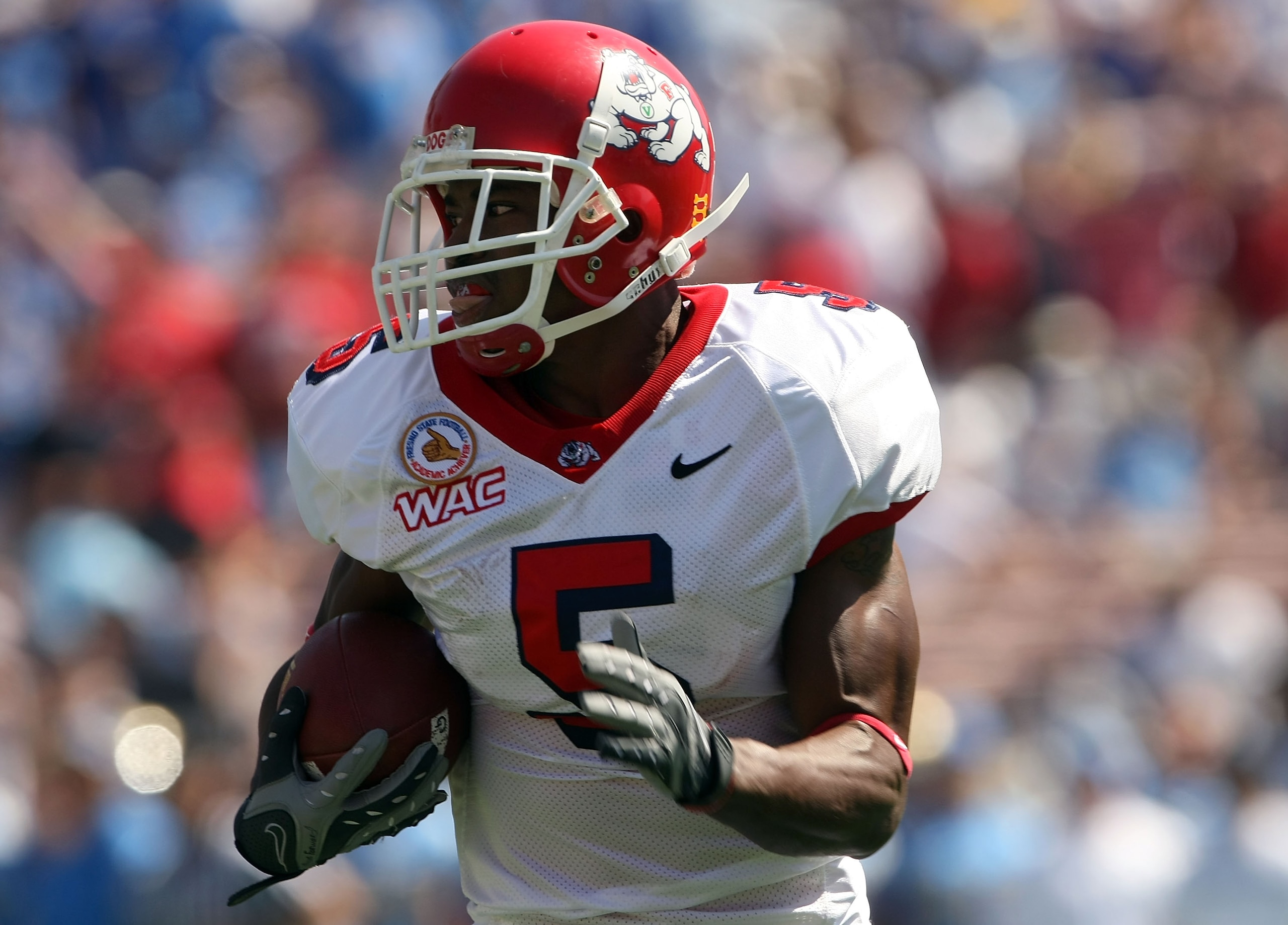PASADENA, CA - SEPTEMBER 27:  Marlon Moore #5 of the Frenso State Bulldogs returns a punt for a touchdown in the first quarter against the UCLA Bruins on September 27, 2008 at the Rose Bowl in Pasadena, California.  (Photo by Stephen Dunn/Getty Images)