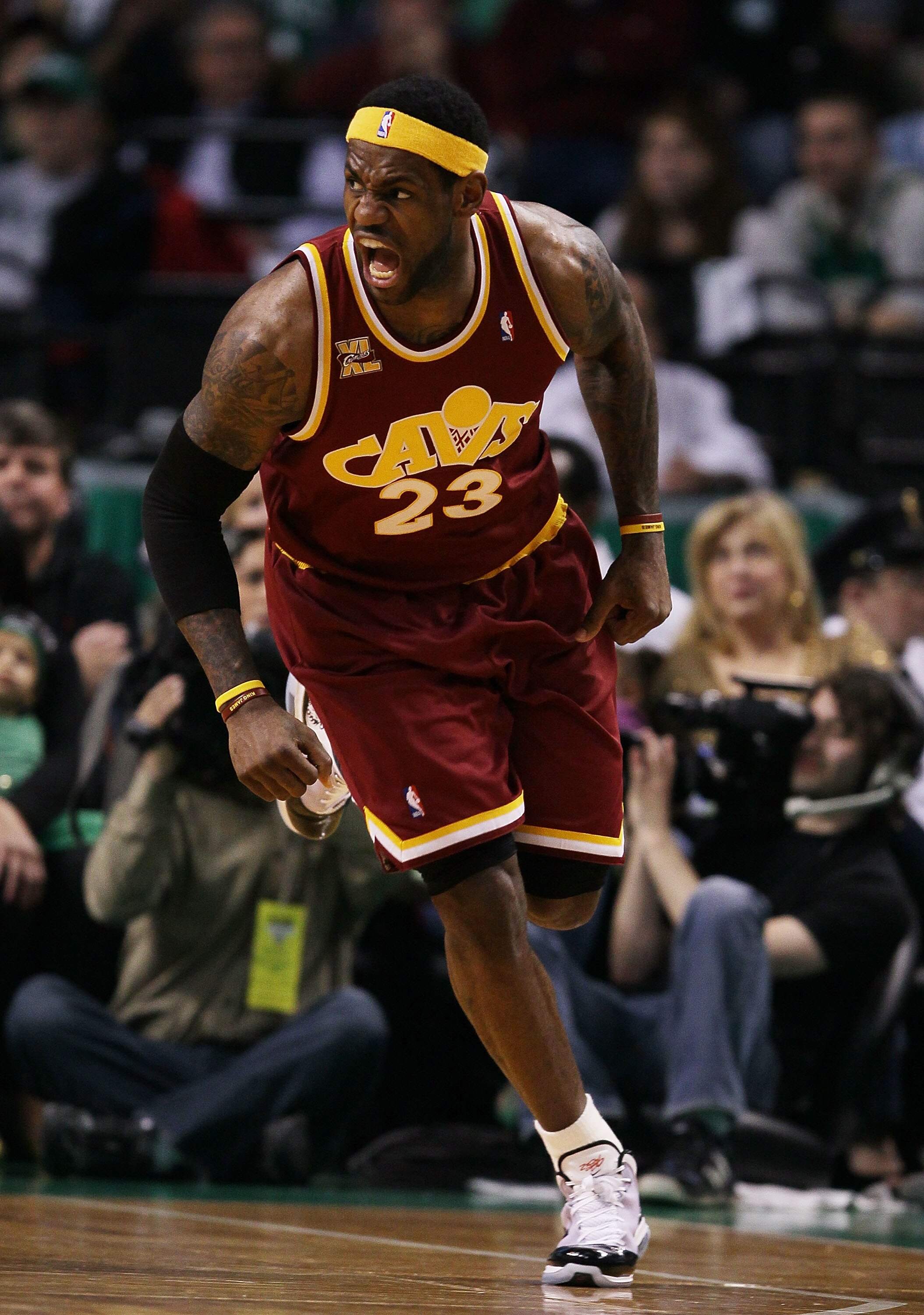 BOSTON - MAY 09:  LeBron James #23 of the Cleveland Cavaliers celebrates his shot in the first quarter agianst the Boston Celtics during Game Four of the Eastern Conference Semifinals of the 2010 NBA playoffs at TD Garden on May 9, 2010 in Boston, Massach