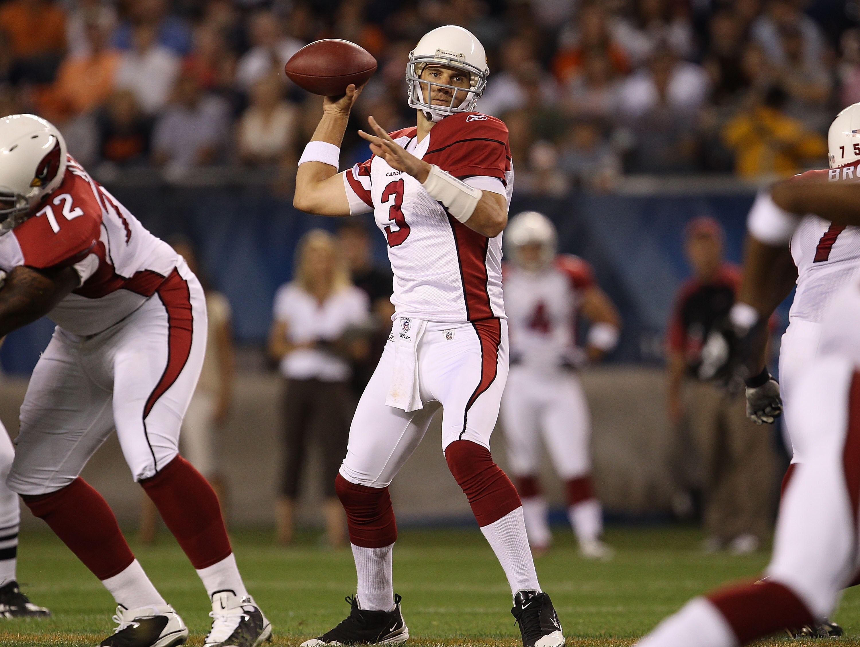 CHICAGO - AUGUST 28: Derek Anderson #3 of the Arizona Cardinals drops back to pass against the Chicago Bears during a preseason game at Soldier Field on August 28, 2010 in Chicago, Illinois. The Cardinals defeated the Bears 14-9. (Photo by Jonathan Daniel