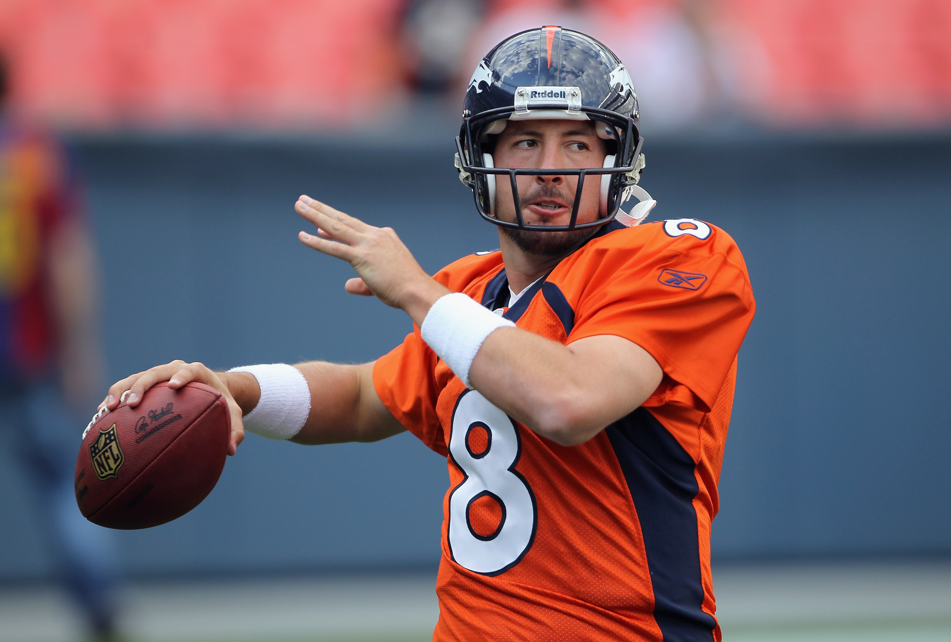 DENVER - AUGUST 21:  Quarterback Kyle Orton #8 of the Denver Broncos warms up prior to facing the Detroit Lions during preseason NFL action at INVESCO Field at Mile High on August 21, 2010 in Denver, Colorado. The Lions defeated the Broncos 25-20.  (Photo