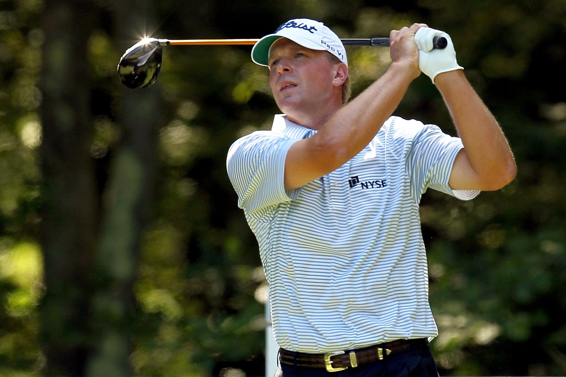 NORTON, MA - SEPTEMBER 06:  Steve Stricker tees off on the fifth tee during the final round of the Deutsche Bank Championship at TPC Boston on September 6, 2010 in Norton, Massachusetts.  (Photo by Mike Ehrmann/Getty Images)