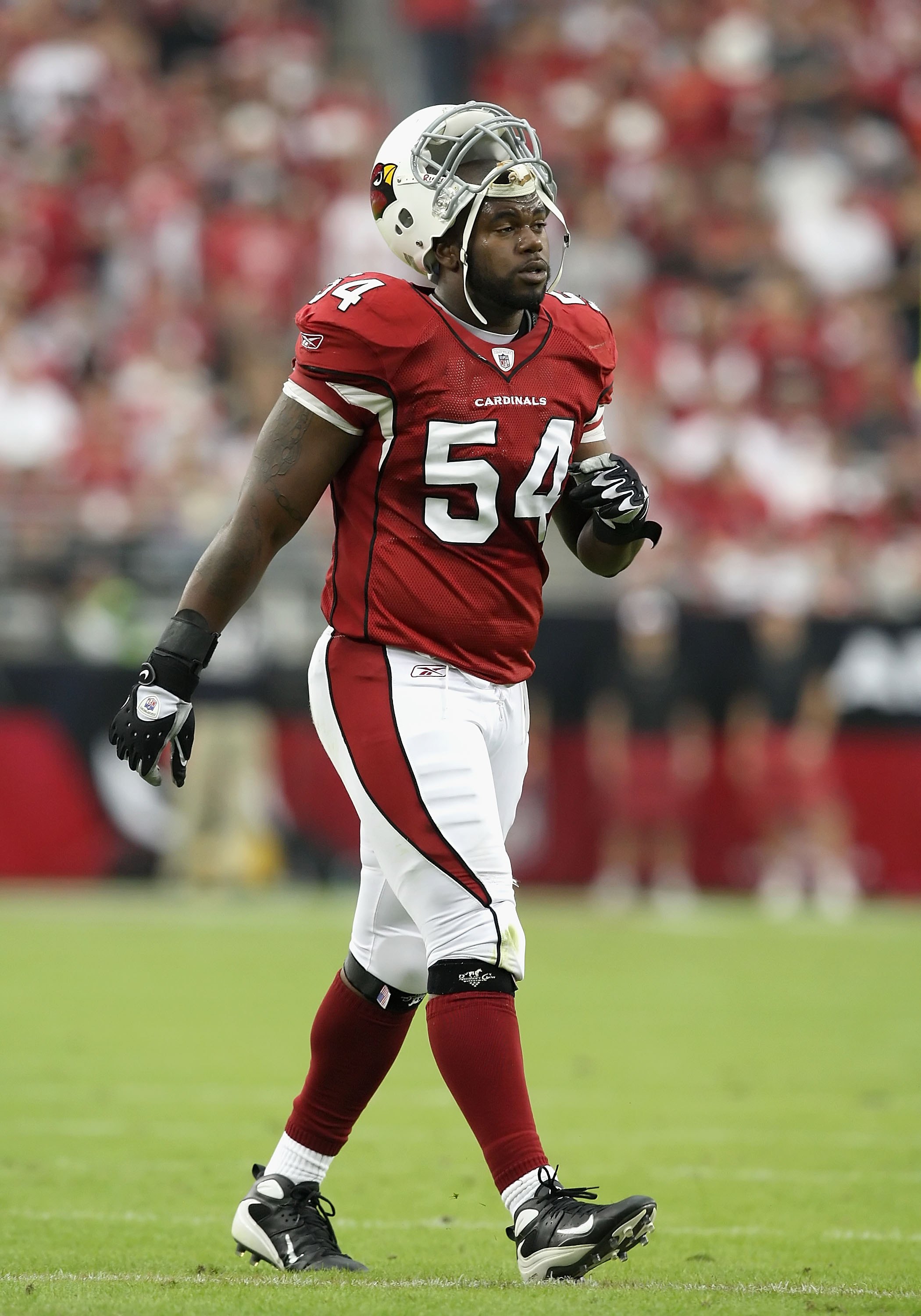 GLENDALE, AZ - NOVEMBER 01:  Linebacker Gerald Hayes #54  of the Arizona Cardinals during the NFL game against the Carolina Panthers at the Universtity of Phoenix Stadium on November 1, 2009 in Glendale, Arizona. The Panthers defeated the Cardinals 34-21.