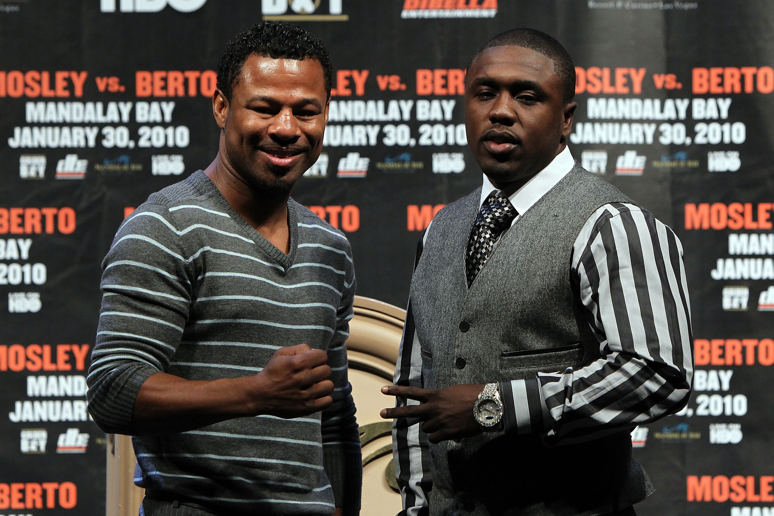LAS VEGAS - NOVEMBER 14:  (L-R) Shane Mosely and Andre Berto pose after their news conference at the Mandalay Bay Hotel & Casino on November 14, 2009 in Las Vegas, Nevada. Mosley and Berto announced today they will meet in the ring on January 30, 2010 at