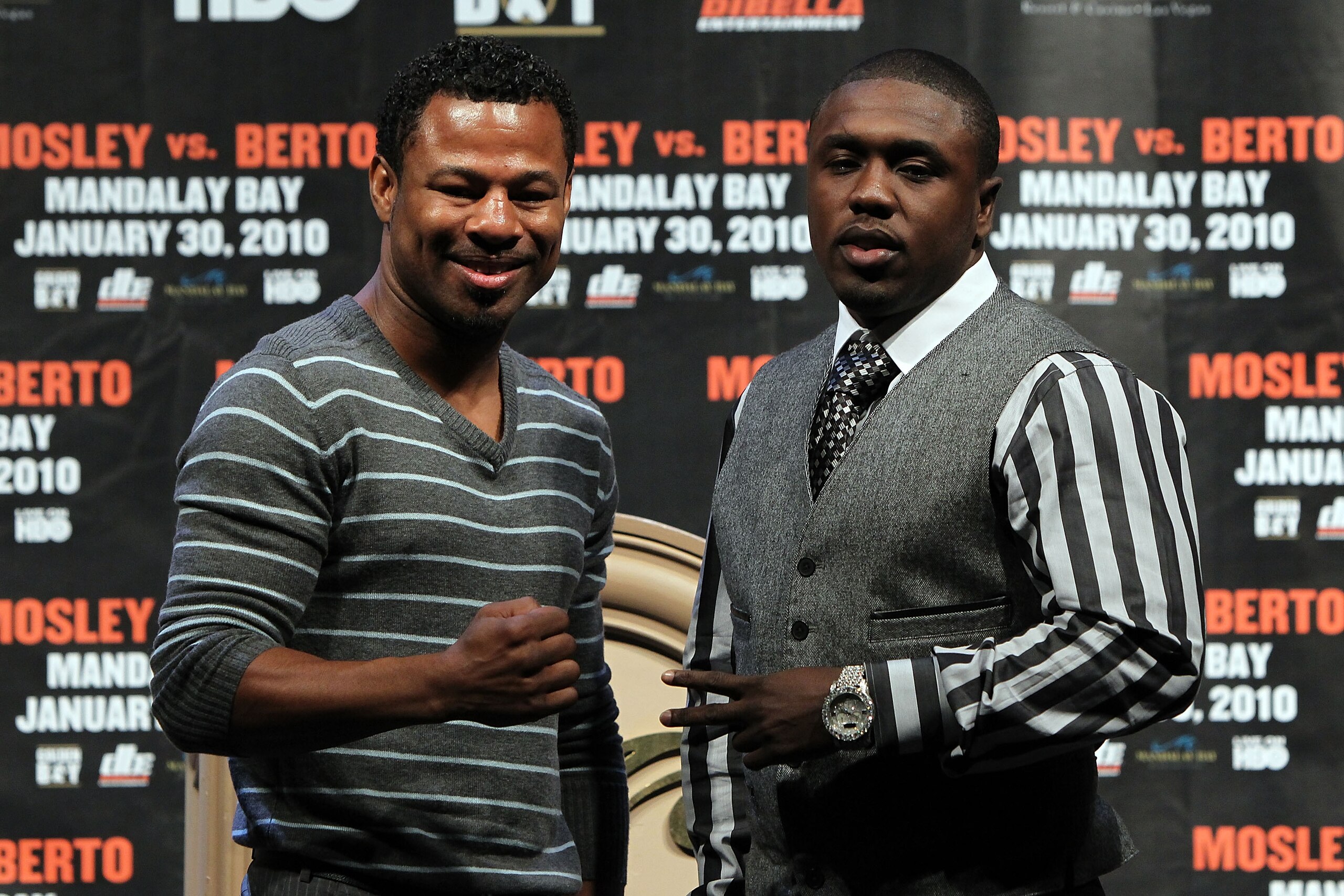 LAS VEGAS - NOVEMBER 14:  (L-R) Shane Mosely and Andre Berto pose after their news conference at the Mandalay Bay Hotel & Casino on November 14, 2009 in Las Vegas, Nevada. Mosley and Berto announced today they will meet in the ring on January 30, 2010 at