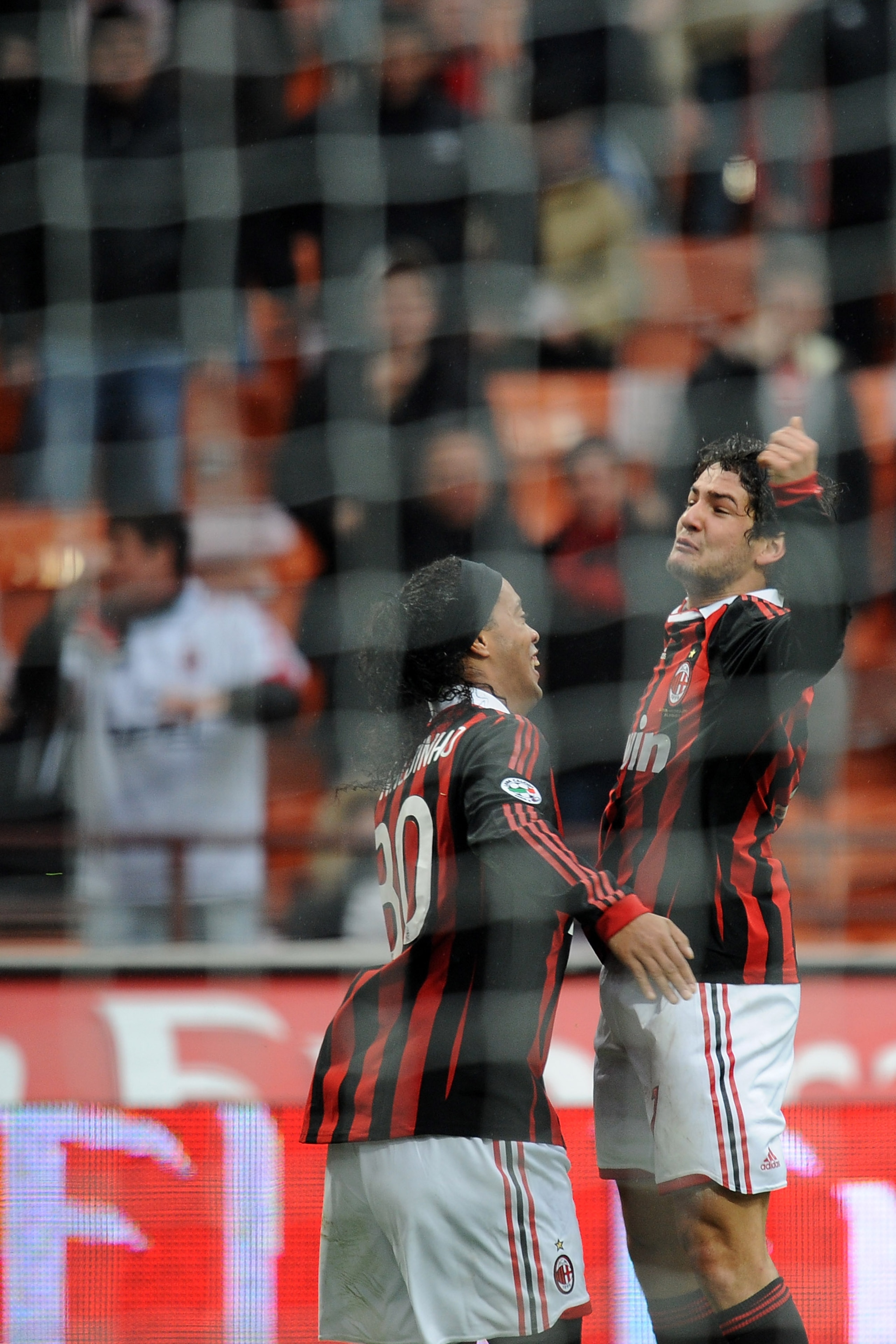 MILAN, ITALY - FEBRUARY 28:  Pato (R) of Milan celebrates with team mate Ronaldinho after his goal during the Serie A match between Milan and Atalanta at Stadio Giuseppe Meazza on February 28, 2010 in Milan, Italy.  (Photo by Tullio M. Puglia/Getty Images