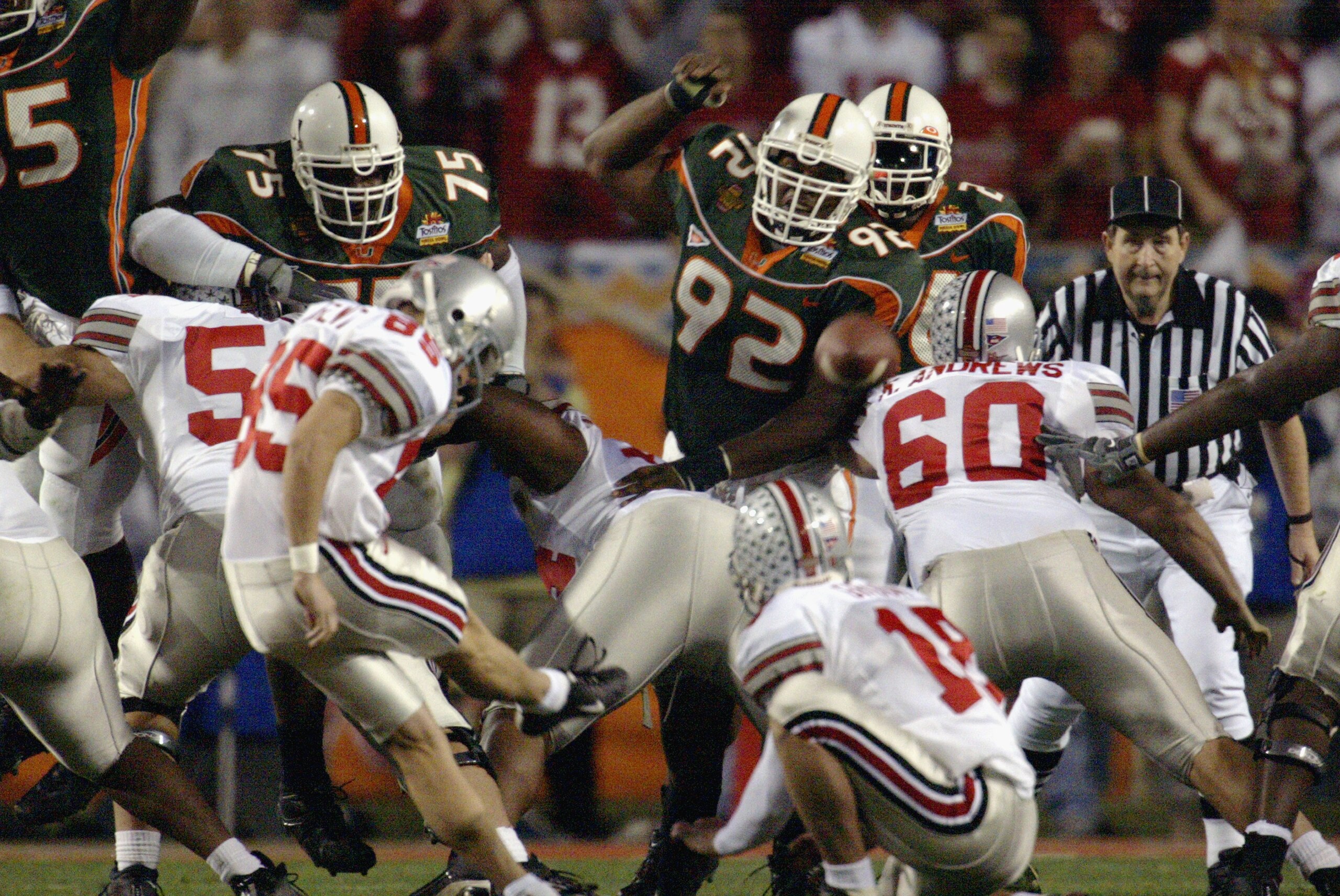 TEMPE, ARIZONA - JANUARY 3:  Kicker Mike Nugent #85 of Ohio State Buckeyes kicks a 44 yard field goal against the University of Miami Hurricanes during the Tostitos Fiesta Bowl at Sun Devil Stadium on January 3, 2003 in Tempe, Arizona.  Ohio State won the