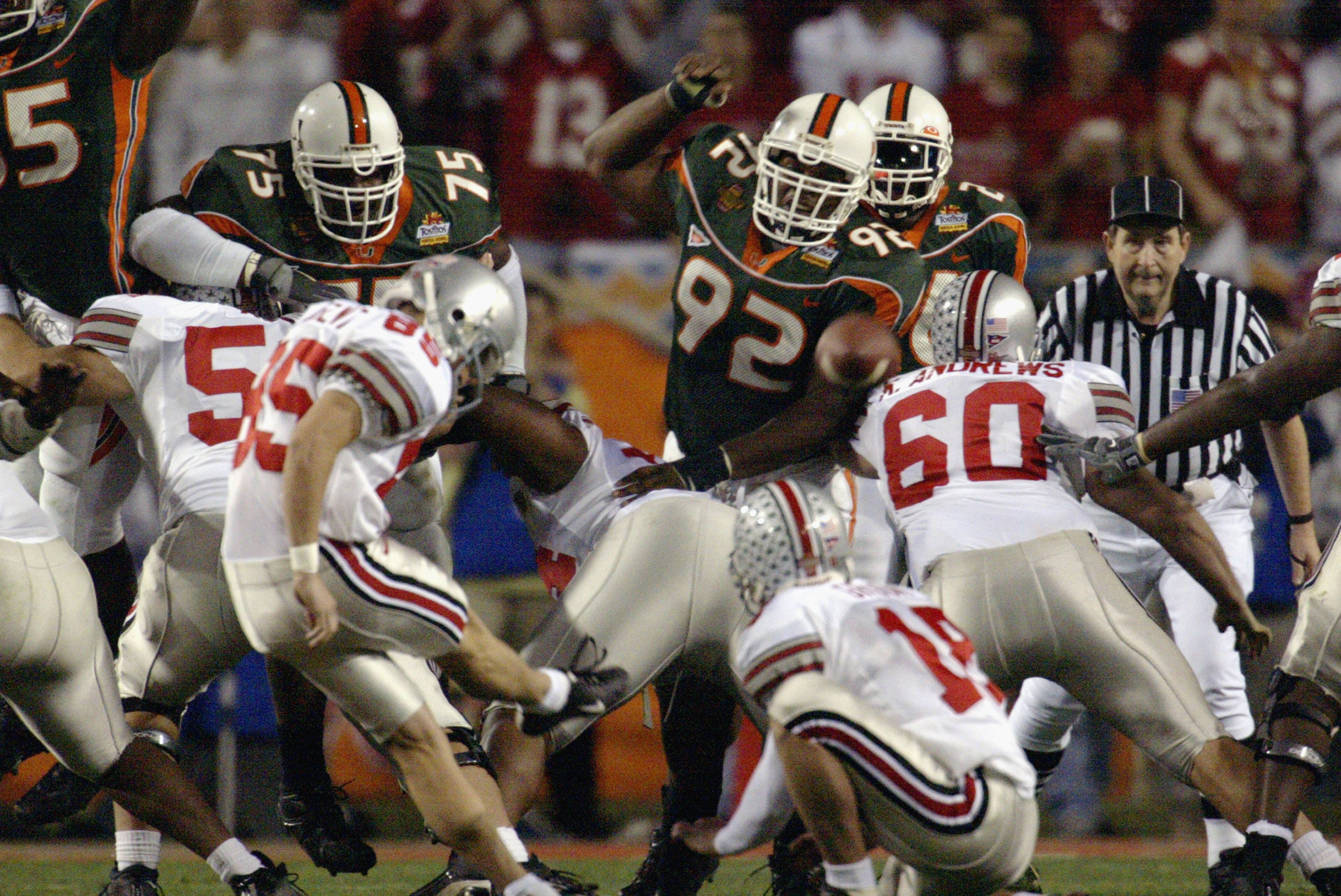 TEMPE, ARIZONA - JANUARY 3:  Kicker Mike Nugent #85 of Ohio State Buckeyes kicks a 44 yard field goal against the University of Miami Hurricanes during the Tostitos Fiesta Bowl at Sun Devil Stadium on January 3, 2003 in Tempe, Arizona.  Ohio State won the