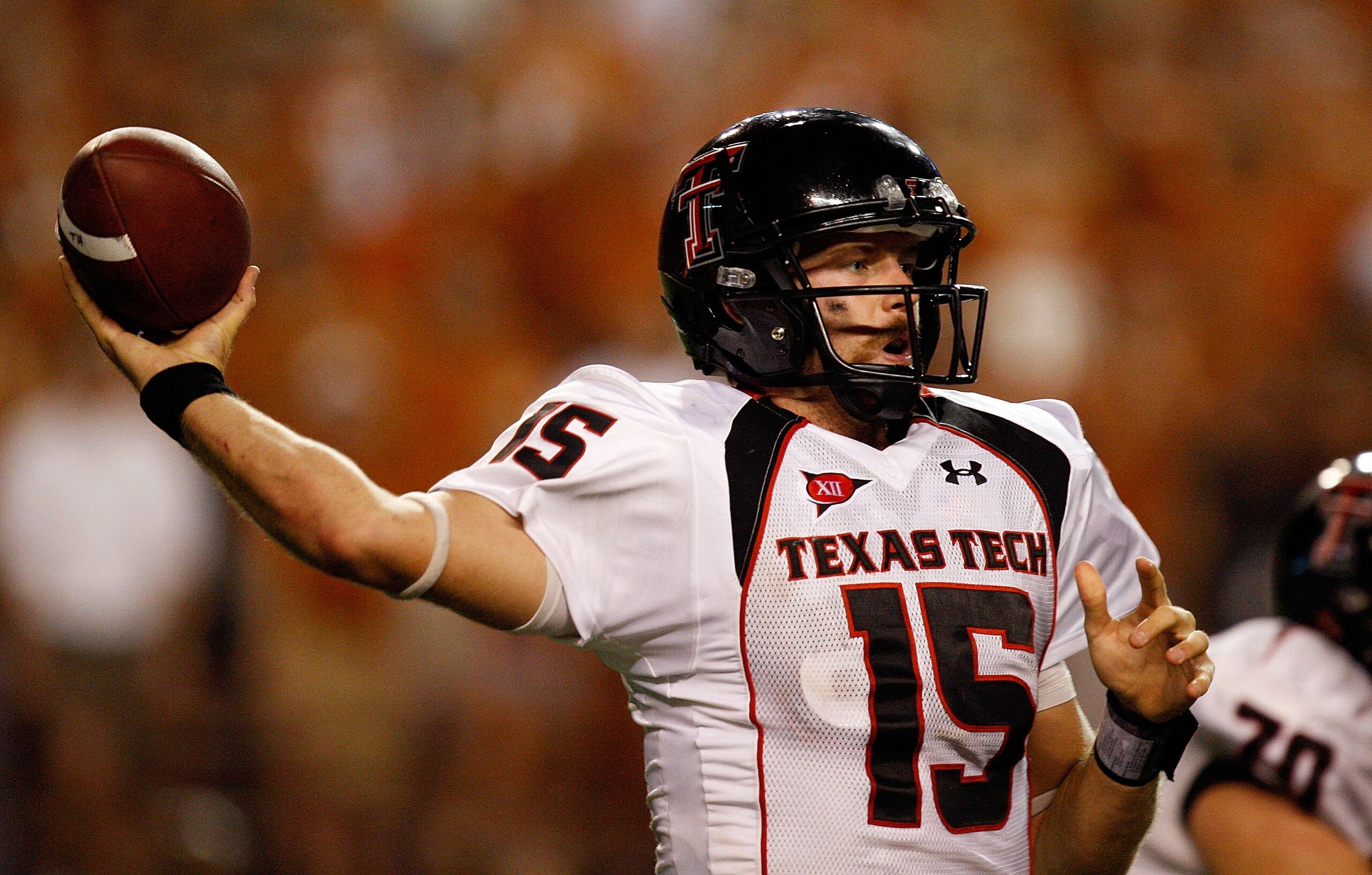 AUSTIN, TX - SEPTEMBER 19: Quarterback Taylor Potts #15 of the Texas Tech Red Raiders drops back to pass against the Texas Longhorns at Darrell K Royal-Texas Memorial Stadium on September 19, 2009 in Austin, Texas. (Photo by Ronald Martinez/Getty Images AUSTIN, TX - SEPTEMBER 19: Quarterback Taylor Potts #15 of the Texas Tech Red Raiders drops back to pass against the Texas Longhorns at Darrell K Royal-Texas Memorial Stadium on September 19, 2009 in Austin, Texas. (Photo by Ronald Martinez/Getty Images