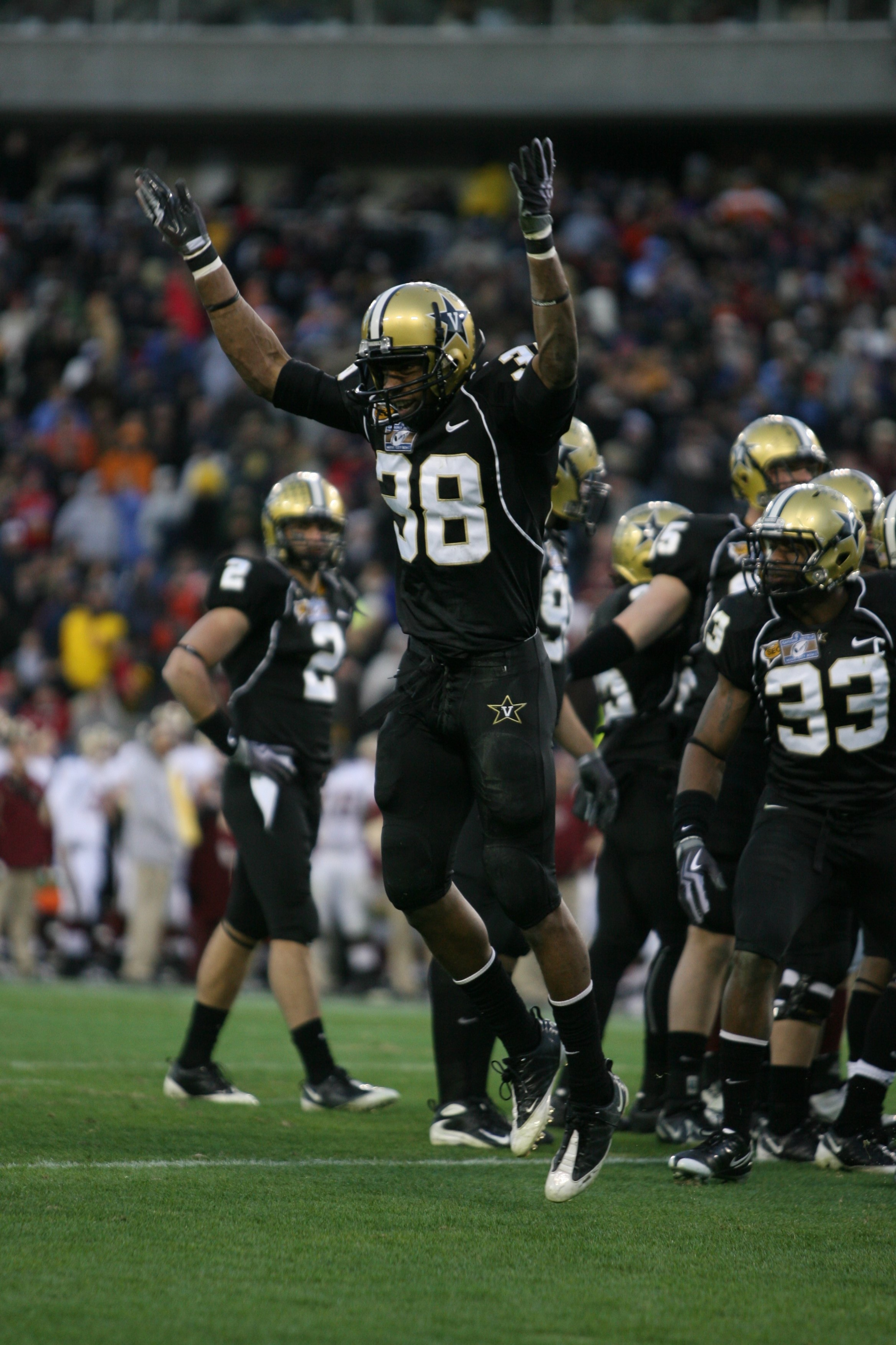 NASHVILLE, TN - DECEMBER 31:  Sean Richardson #38 of the Vanderbilt Commodores celebrates against the Boston College Eagles during the Gaylord Hotels Music City Bowl at LP Field on December 31, 2008 in Nashville, Tennessee.  (Photo by Andy Lyons/Getty Ima