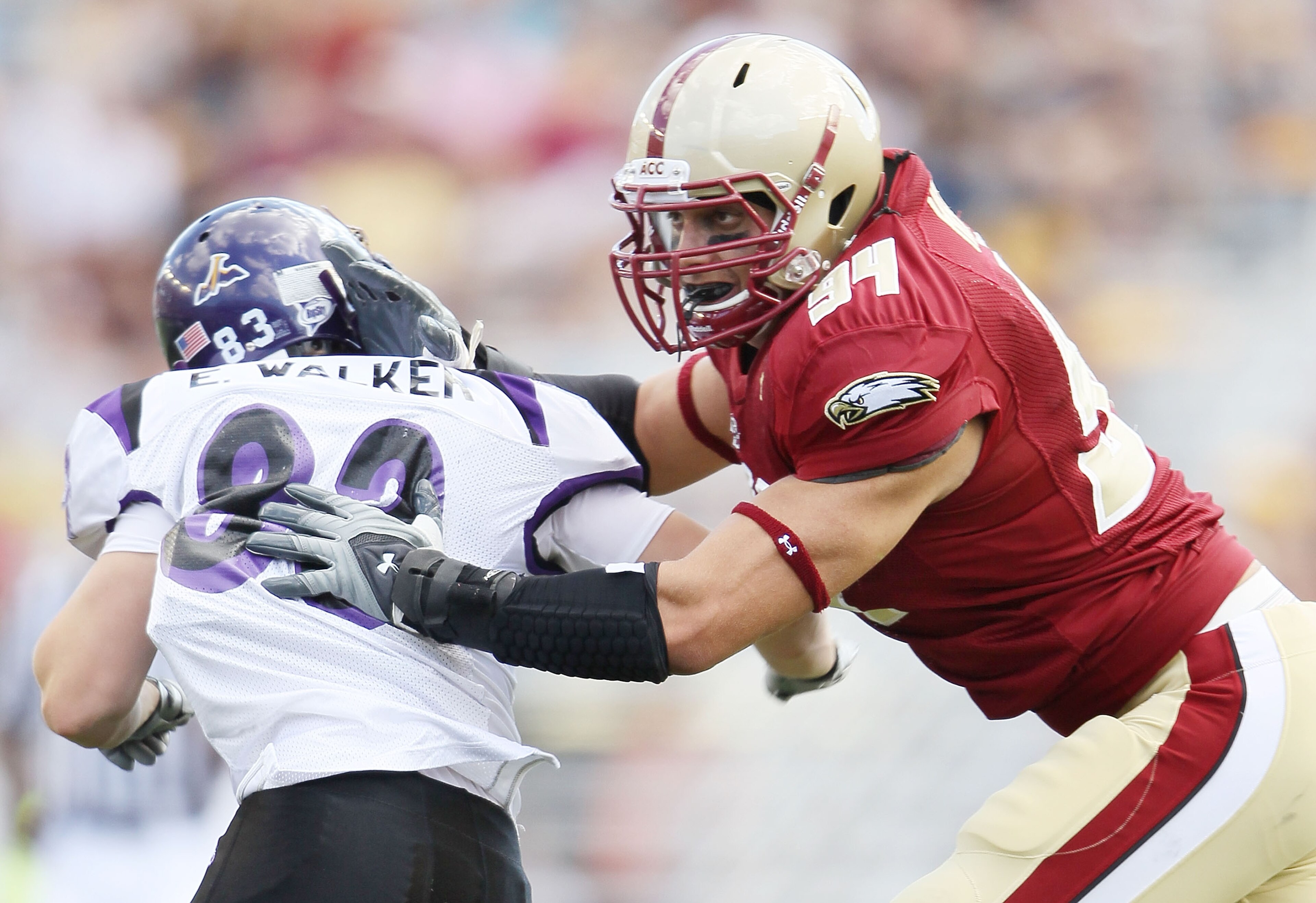 CHESTNUT HILL, MA - SEPTEMBER 04: Mark Herzlich #94 of the Boston College Eagles blocks Erik Walker #83 of the Weber State Wildcats on September 4, 2010 at Alumni Stadium in Chestnut Hill, Massachusetts. Boston College defeated Weber State 38-20. (Photo CHESTNUT HILL, MA - SEPTEMBER 04: Mark Herzlich #94 of the Boston College Eagles blocks Erik Walker #83 of the Weber State Wildcats on September 4, 2010 at Alumni Stadium in Chestnut Hill, Massachusetts. Boston College defeated Weber State 38-20. (Photo