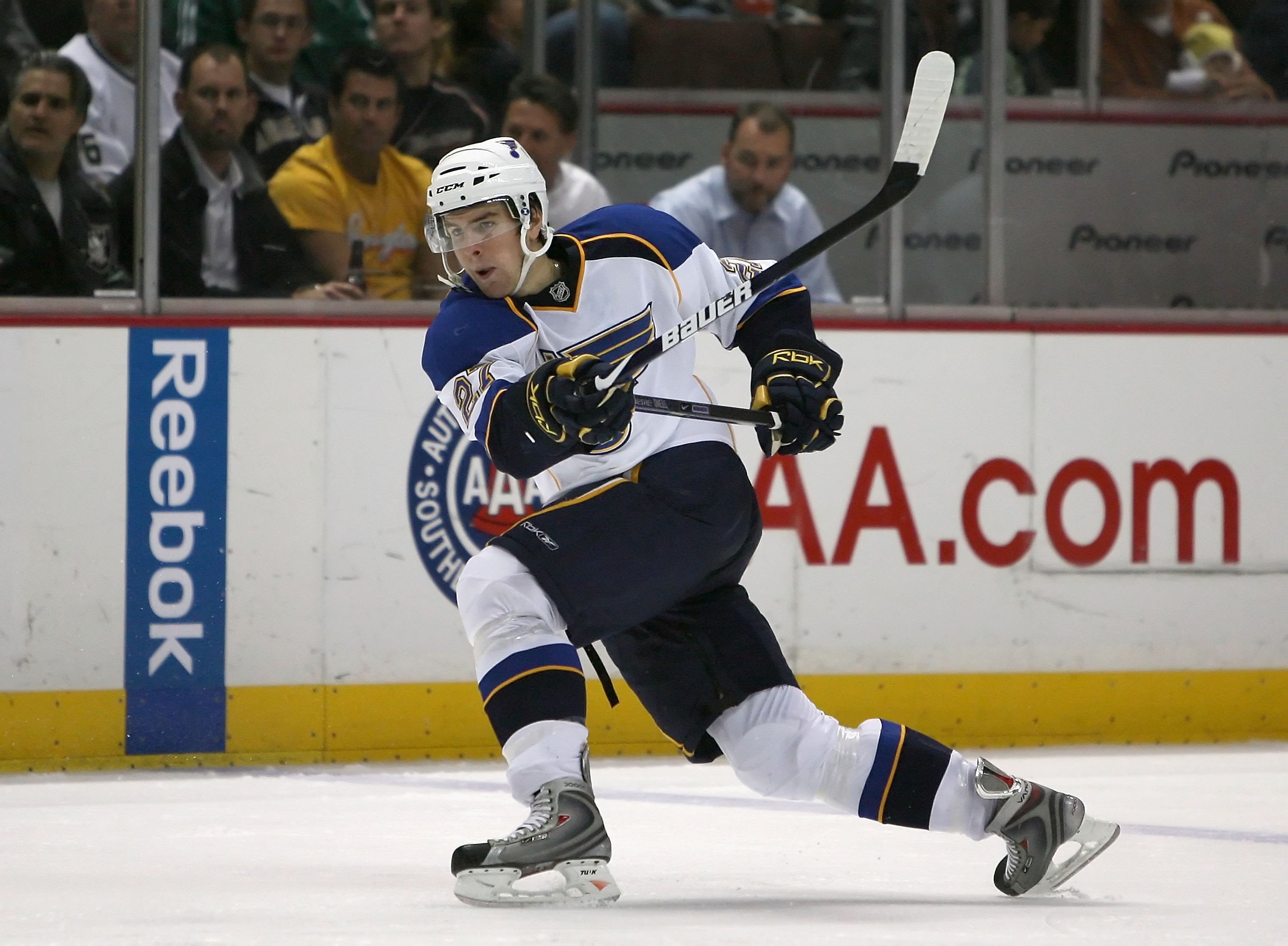 ANAHEIM, CA - NOVEMBER 05:  Alex Pietrangelo #27 of the St. Louis Blues breaks his stick as he shoots the puck during the NHL game against the Anaheim Ducks at Honda Center on November 5, 2008 in Anaheim, California. The Ducks defeated the Blues 5-2.  (Ph