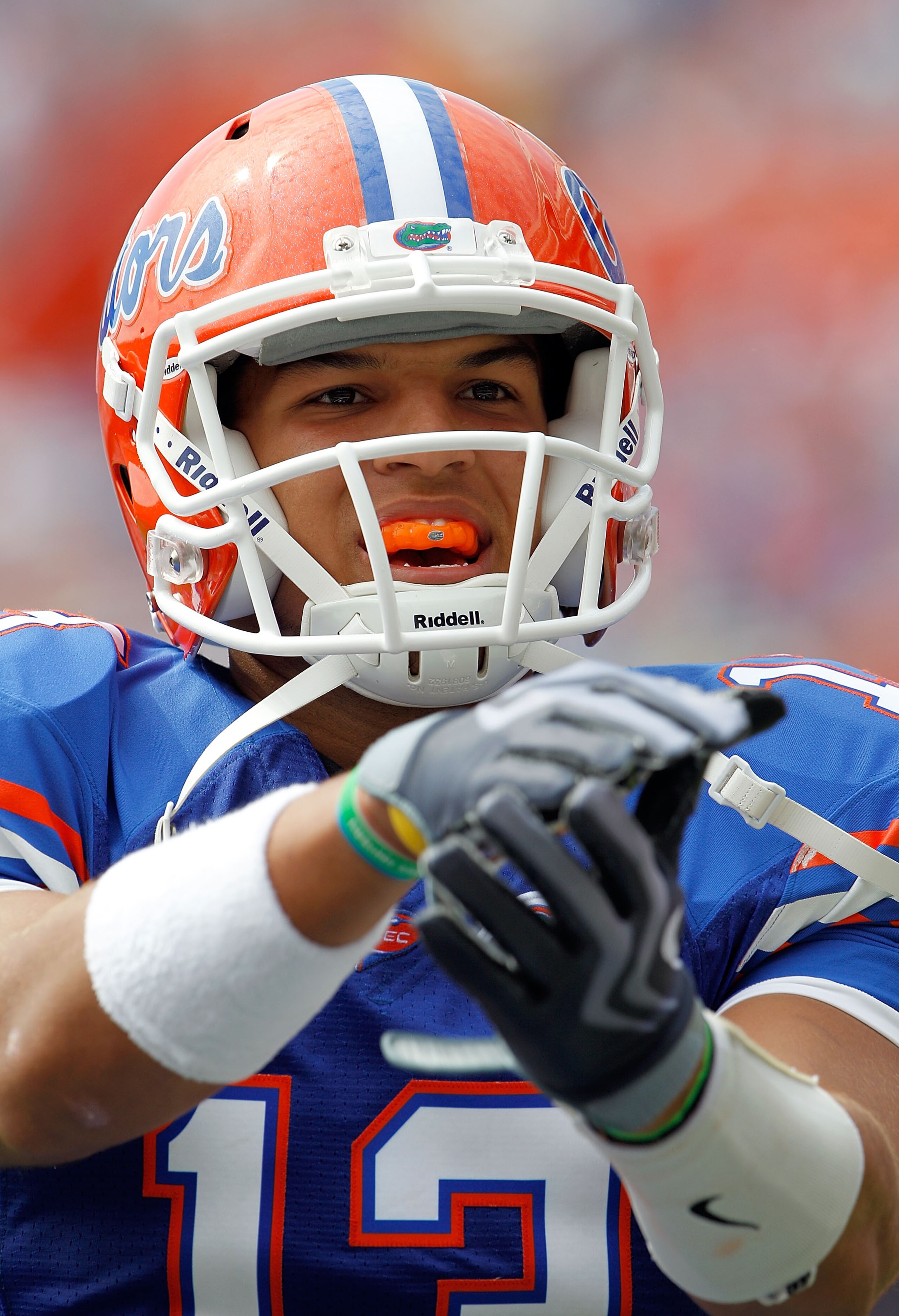 GAINESVILLE, FL - SEPTEMBER 04:  Quarterback Trey Burton #13 of the Florida Gators smiles at the crowd prior to a game against the Miami University RedHawkks at Ben Hill Griffin Stadium on September 4, 2010 in Gainesville, Florida.  (Photo by Sam Greenwoo