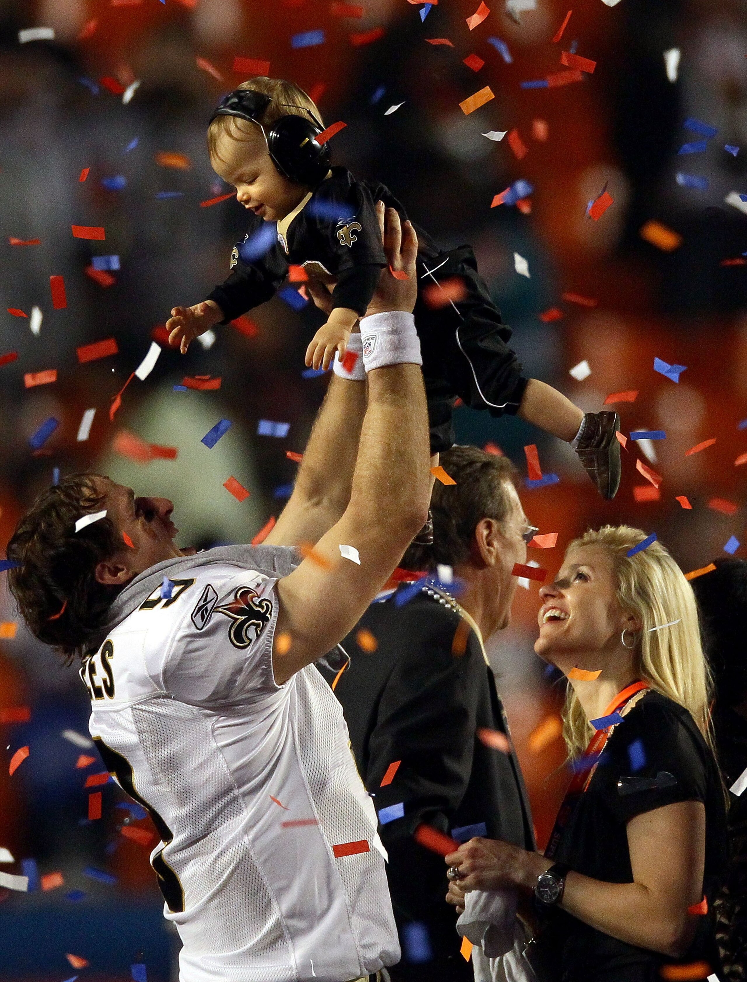 MIAMI GARDENS, FL - FEBRUARY 07:  Quarterback Drew Brees #9 of the New Orleans Saints celebrates with his family after his team defeated the Indianapolis Colts during Super Bowl XLIV on February 7, 2010 at Sun Life Stadium in Miami Gardens, Florida.  (Pho