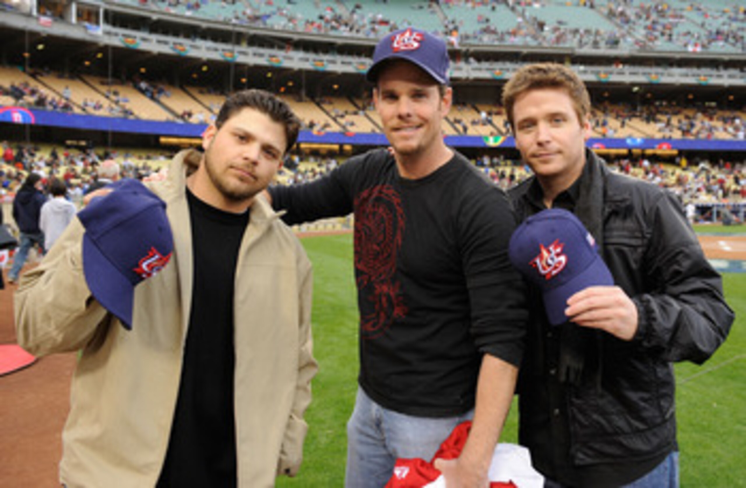 LOS ANGELES - MARCH 22: (L-R) Actors Jerry Ferrara, Kevin Dillon and Kevin Connolly pose with hats the United States baseball team before the semifinal game of the 2009 World Baseball Classic against Japan on March 22, 2009 at Dodger Stadium in Los Angele LOS ANGELES - MARCH 22: (L-R) Actors Jerry Ferrara, Kevin Dillon and Kevin Connolly pose with hats the United States baseball team before the semifinal game of the 2009 World Baseball Classic against Japan on March 22, 2009 at Dodger Stadium in Los Angele