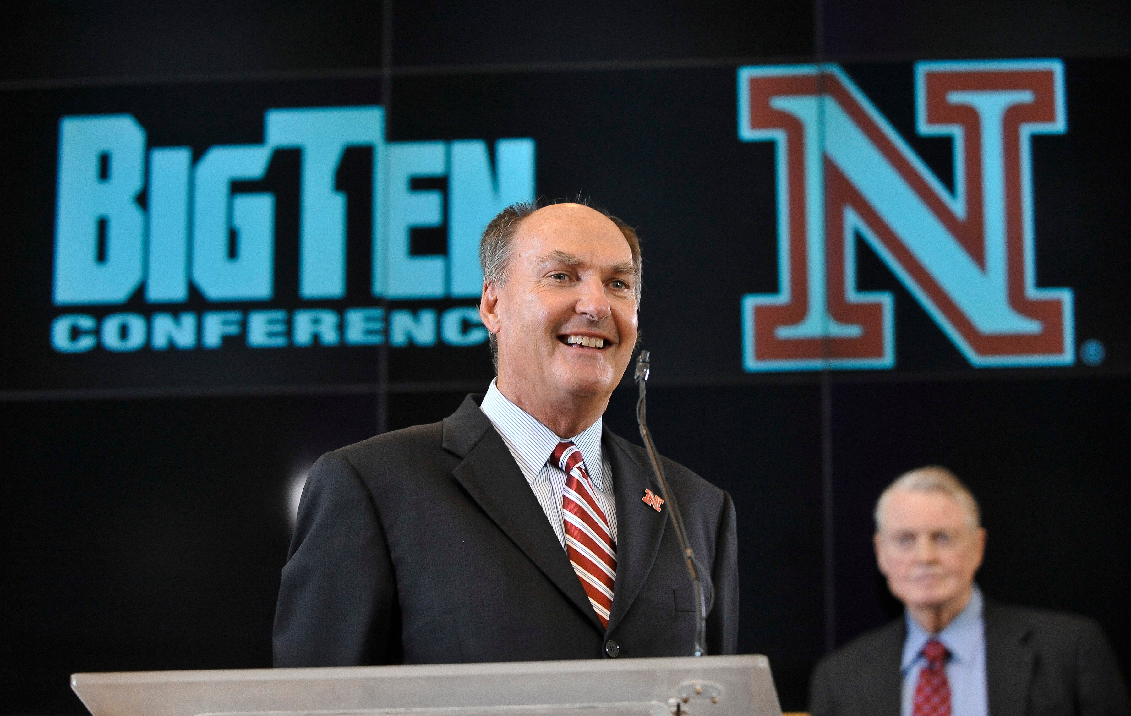 LINCOLN, NE. - JUNE 11: Big Ten Conference Commissioner James Delany with University of Nebraska Athletic Director Tom Osbourne (R) speaks at a press conference for Nebraska accepting an invitation to join the Big Ten Conference June 11, 2010  in Lincoln,