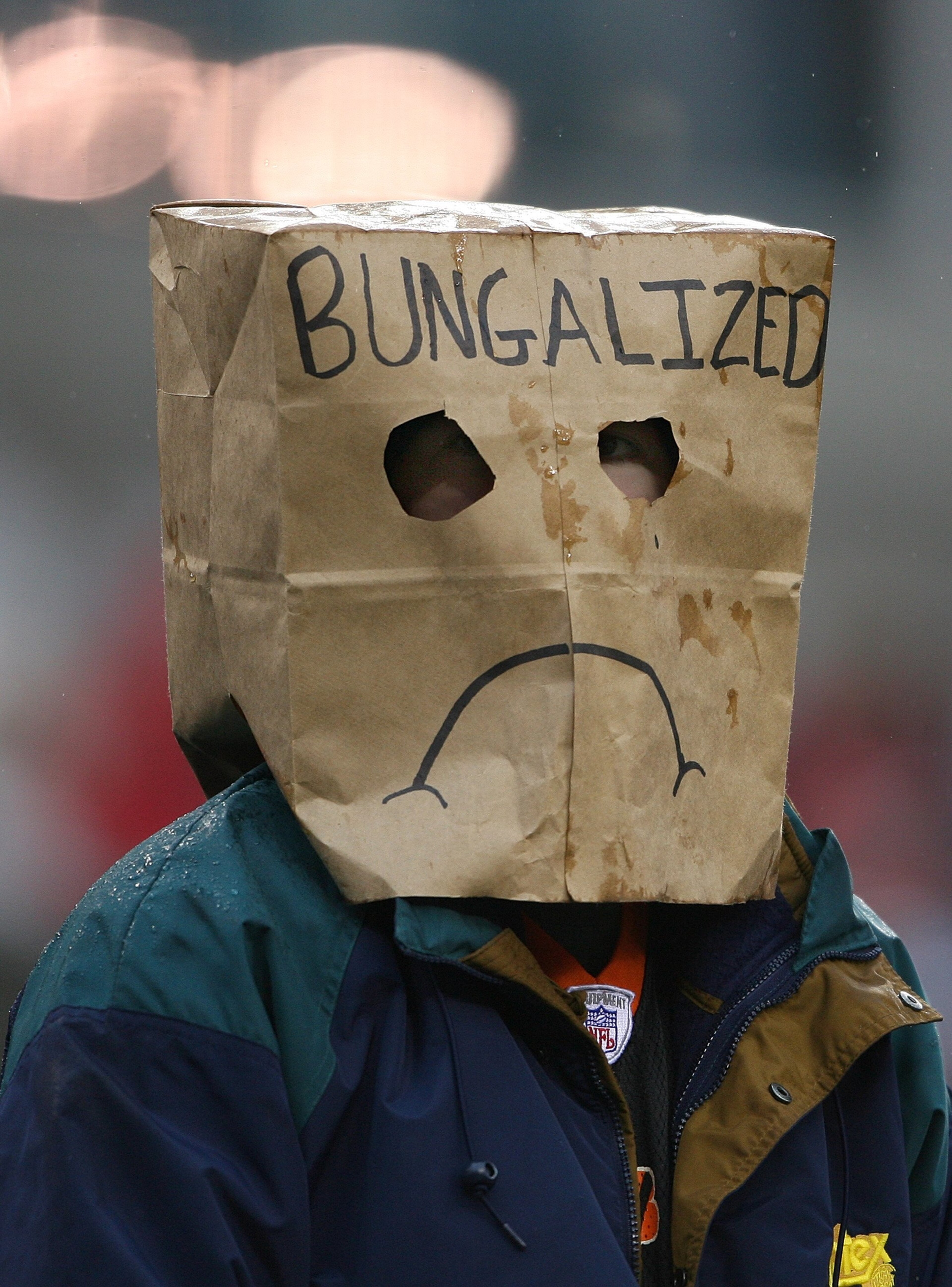 CINCINNATI - NOVEMBER 30: A football spectator wears a bag over his head during the NFL game between the Baltimore Ravens and the Cincinnati Bengals on November 30, 2008 at Paul Brown Stadium in Cincinnati, Ohio. The Ravens defeated the Bengals 34-3.(Pho CINCINNATI - NOVEMBER 30: A football spectator wears a bag over his head during the NFL game between the Baltimore Ravens and the Cincinnati Bengals on November 30, 2008 at Paul Brown Stadium in Cincinnati, Ohio. The Ravens defeated the Bengals 34-3.(Pho