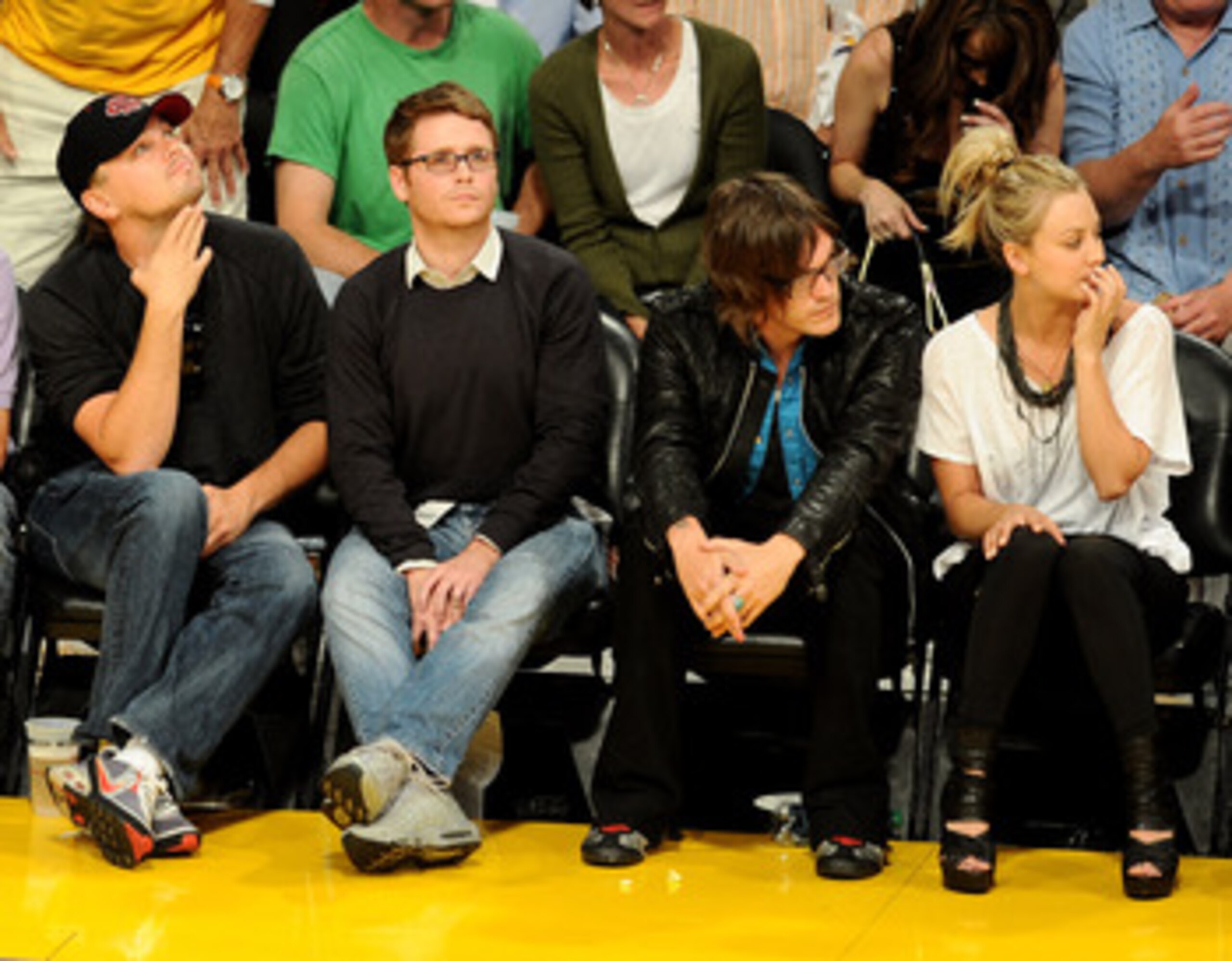 LOS ANGELES, CA - JUNE 06: Actor Leonardo DiCaprio, actor Kevin Connolly and Kaley Cuoco (R) attend Game 2 of the NBA Finals between the Los Angeles Lakers and Boston Celtics at the Staples Center on June 6, 2010 in Los Angeles, California. (Photo by Mi LOS ANGELES, CA - JUNE 06: Actor Leonardo DiCaprio, actor Kevin Connolly and Kaley Cuoco (R) attend Game 2 of the NBA Finals between the Los Angeles Lakers and Boston Celtics at the Staples Center on June 6, 2010 in Los Angeles, California. (Photo by Mi