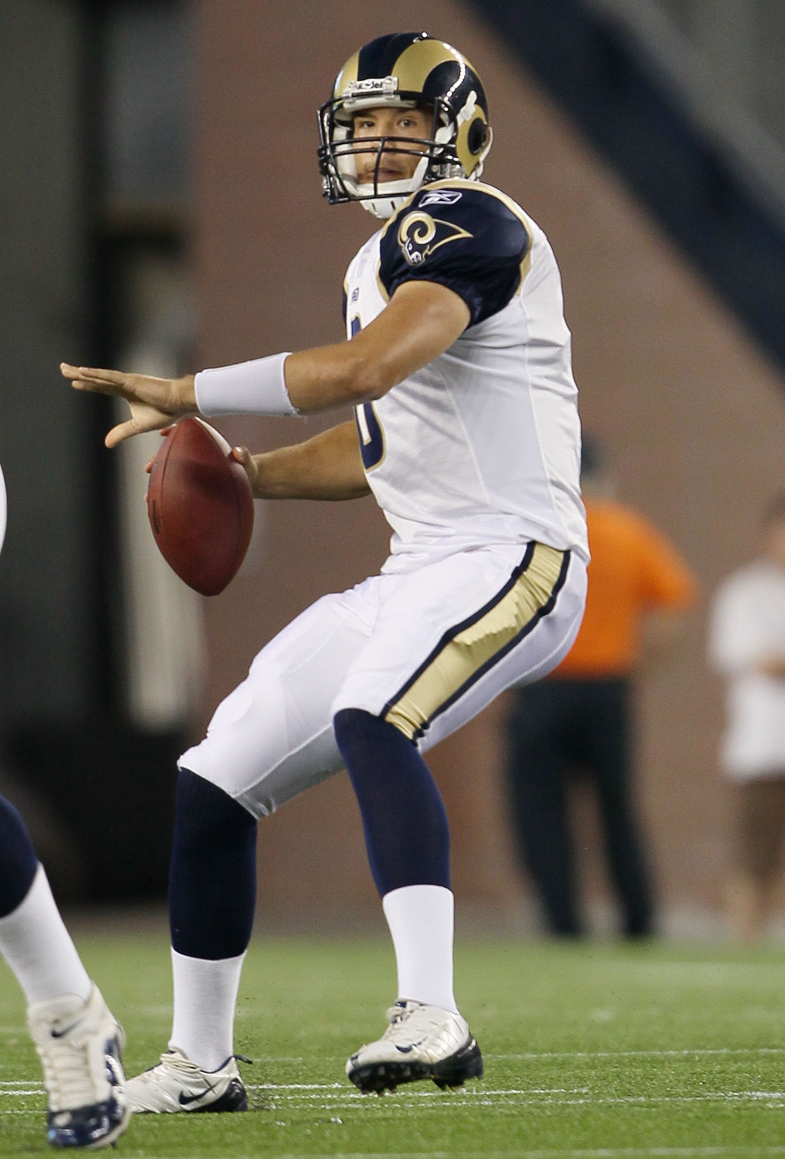 FOXBORO, MA - AUGUST 26:  Sam Bradford #8 of the St. Louis Rams looks to pass in the first half against the New England Patriots on August 26, 2010 at Gillette Stadium in Foxboro, Massachusetts.  (Photo by Elsa/Getty Images)