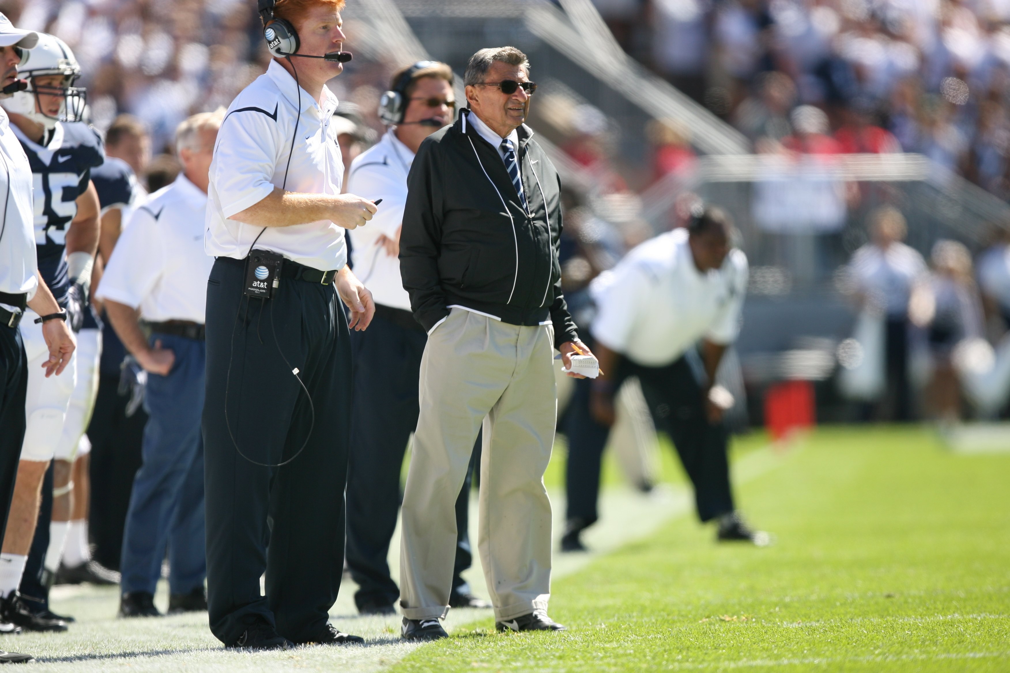 STATE COLLEGE, PA - SEPTEMBER 19: Head coach Joe Paterno of the Penn State Nittany Lions coaches on the sideline during a game against the Temple Owls on September 19, 2009 at Beaver Stadium in State College, Pennsylvania. (Photo by Hunter Martin/Getty Im