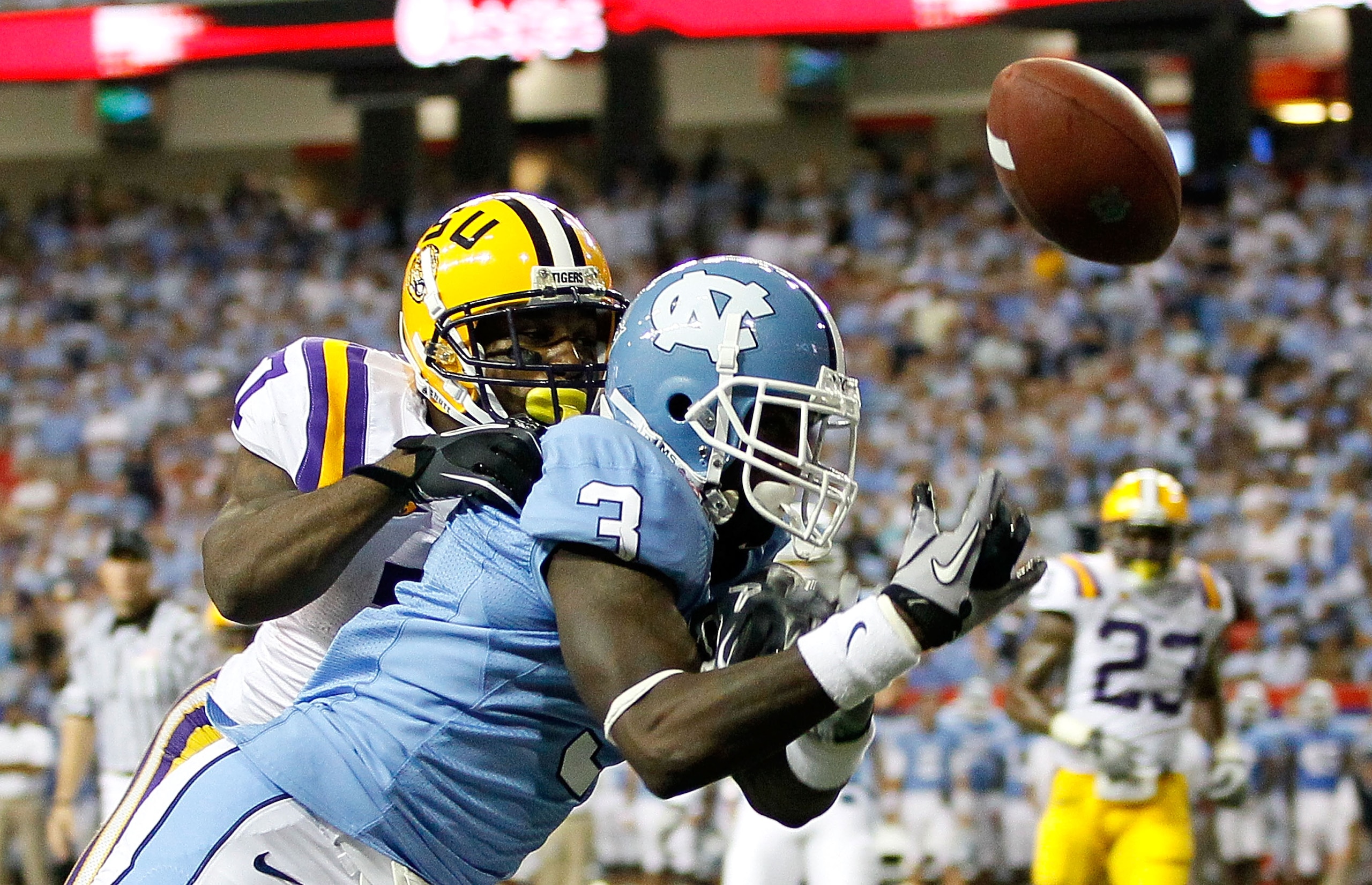 ATLANTA - SEPTEMBER 04:  Patrick Peterson #7 of the LSU Tigers breaks up a touchdown reception to Joshua Adams #3 of the North Carolina Tar Heels in the final seconds of the Chick-fil-A Kickoff Game at Georgia Dome on September 4, 2010 in Atlanta, Georgia