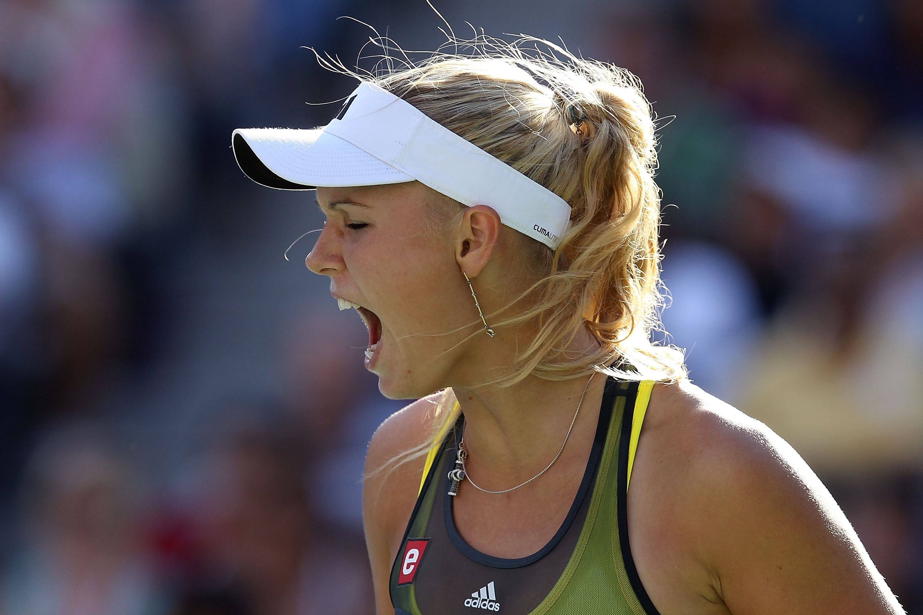 NEW YORK - SEPTEMBER 06:  Caroline Wozniacki of Denmark celebrates after a point against Maria Sharapova of Russia during the women's singles match on day eight of the 2010 U.S. Open at the USTA Billie Jean King National Tennis Center on September 6, 2010