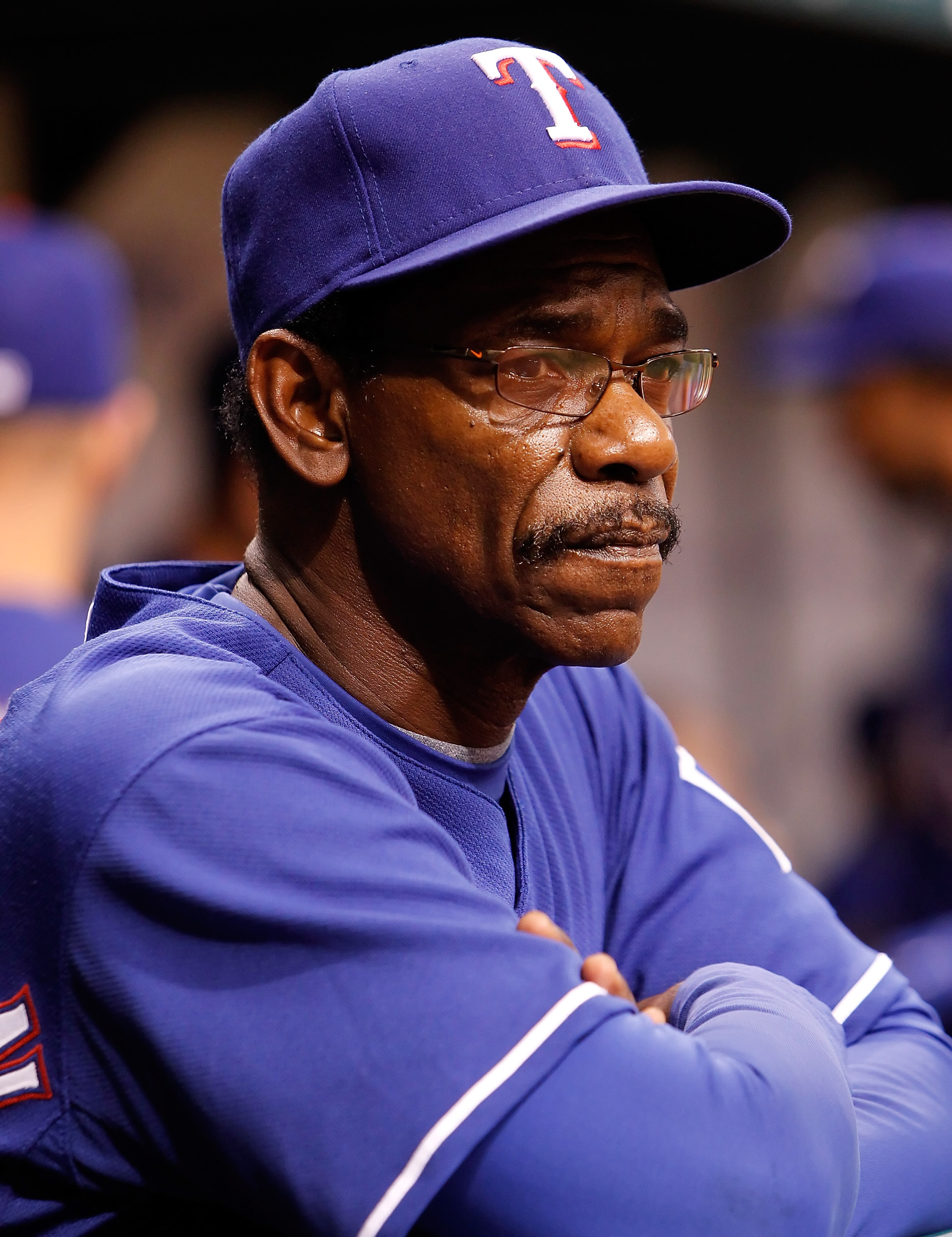 ST. PETERSBURG - AUGUST 17:  Manager Ron Washington #38 of the Texas Rangers watches his team from the dugout against the Tampa Bay Rays during the game at Tropicana Field on August 17, 2010 in St. Petersburg, Florida.  (Photo by J. Meric/Getty Images)