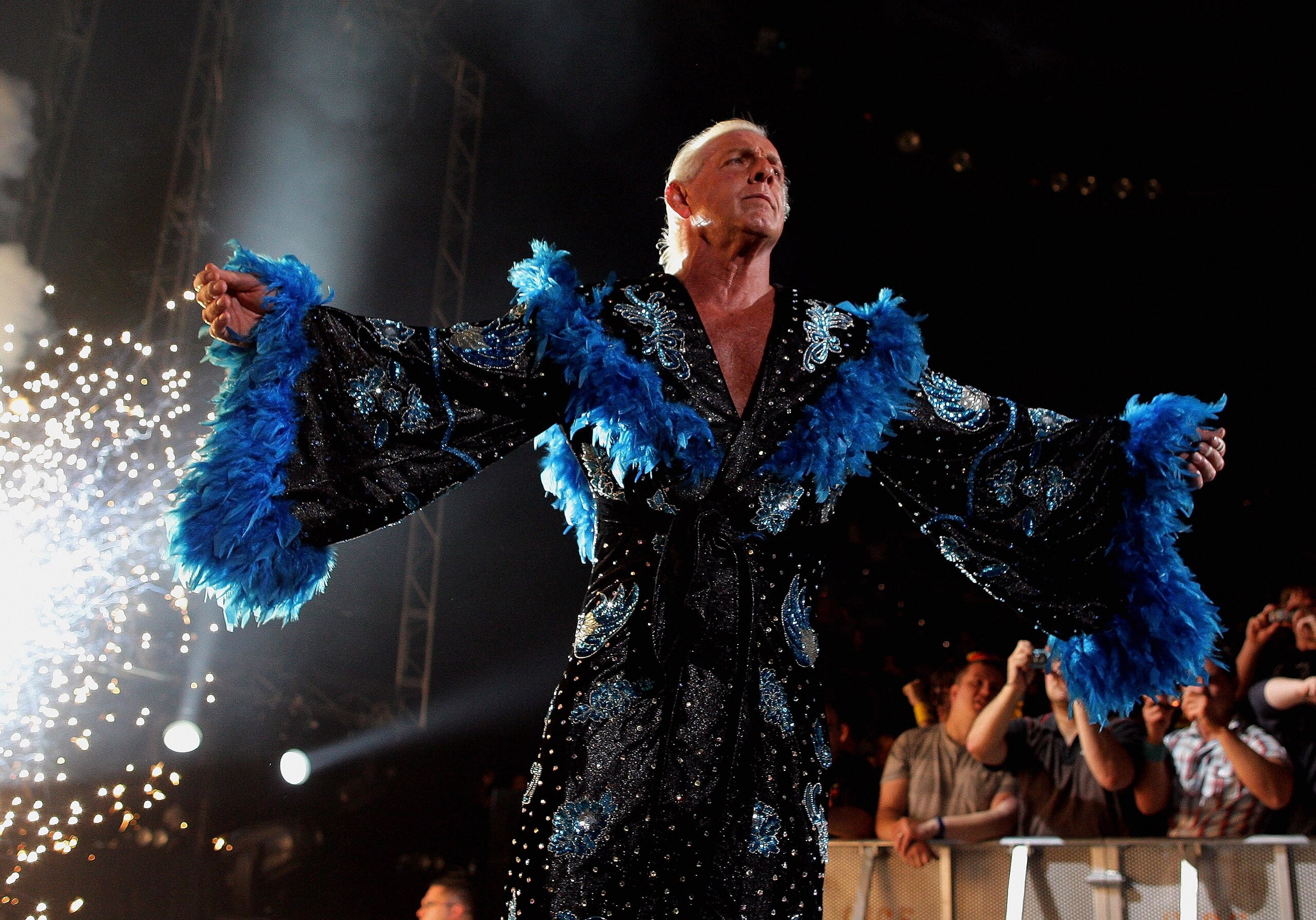 MELBOURNE, AUSTRALIA - NOVEMBER 21:  Hulk Hogan's opponent Ric Flair is greeted by the crowd during Hulk Hogan's Hulkamania Tour at Rod Laver Arena on November 21, 2009 in Melbourne, Australia.  (Photo by Mark Dadswell/Getty Images)