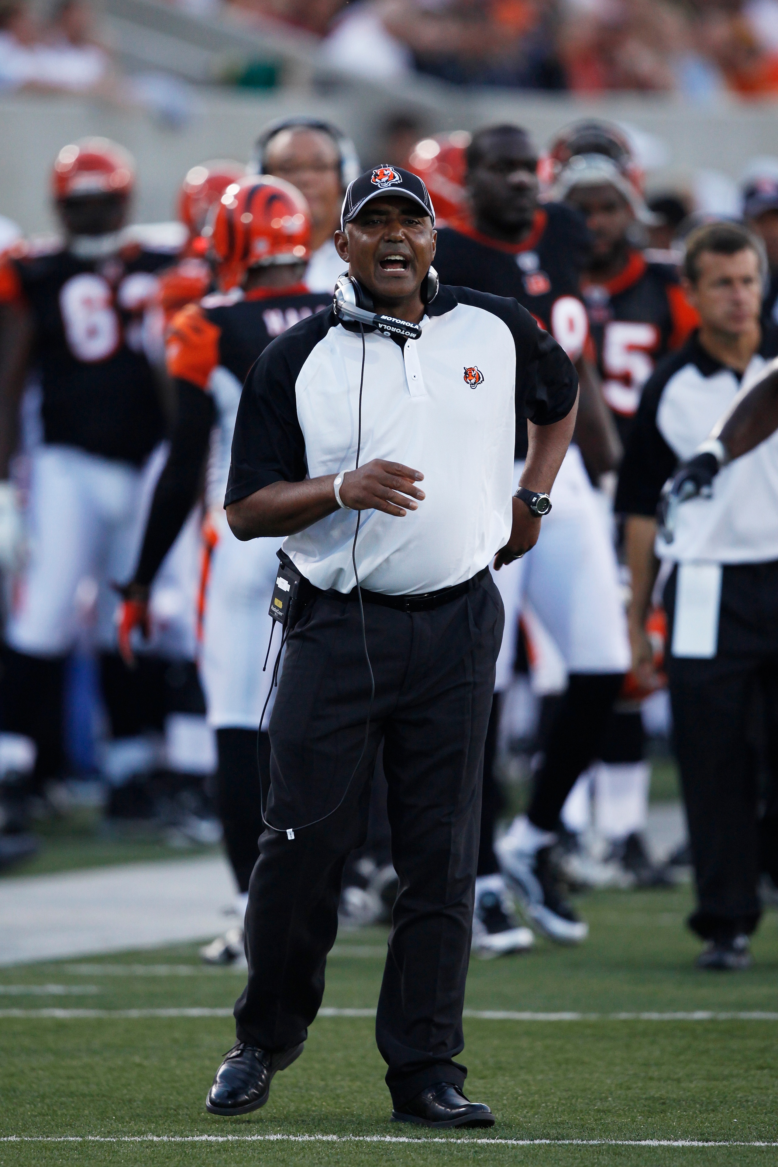 CANTON, OH - AUGUST 8: Head coach Marvin Lewis of the Cincinnati Bengals looks on against the Dallas Cowboys during the 2010 Pro Football Hall of Fame Game at the Pro Football Hall of Fame Field at Fawcett Stadium on August 8, 2010 in Canton, Ohio. The Co