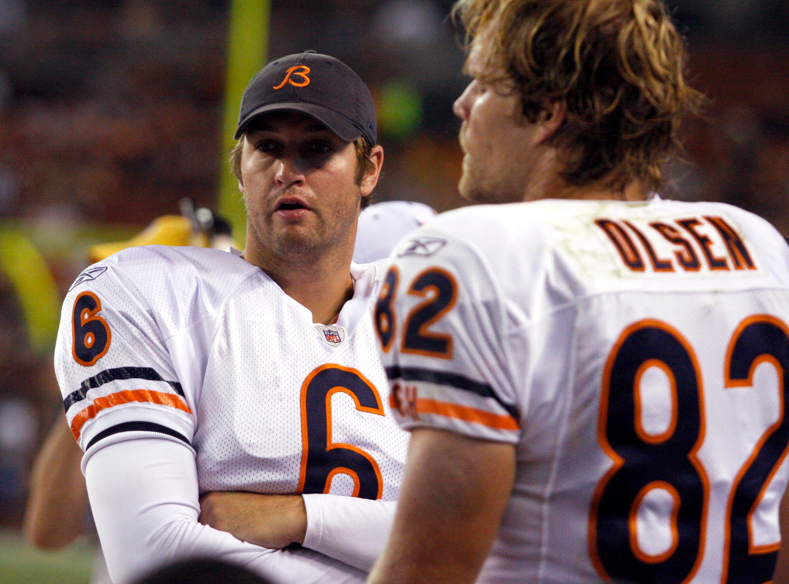 CLEVELAND - SEPTEMBER 2: Jay Cutler #6 talks with Greg Olsen #82 of the Chicago Bears against the Cleveland Browns during the preseason game on September 2, 2010 at Cleveland Browns Stadium in Cleveland, Ohio. The Browns defeated the Bears 13-10. (Photo b
