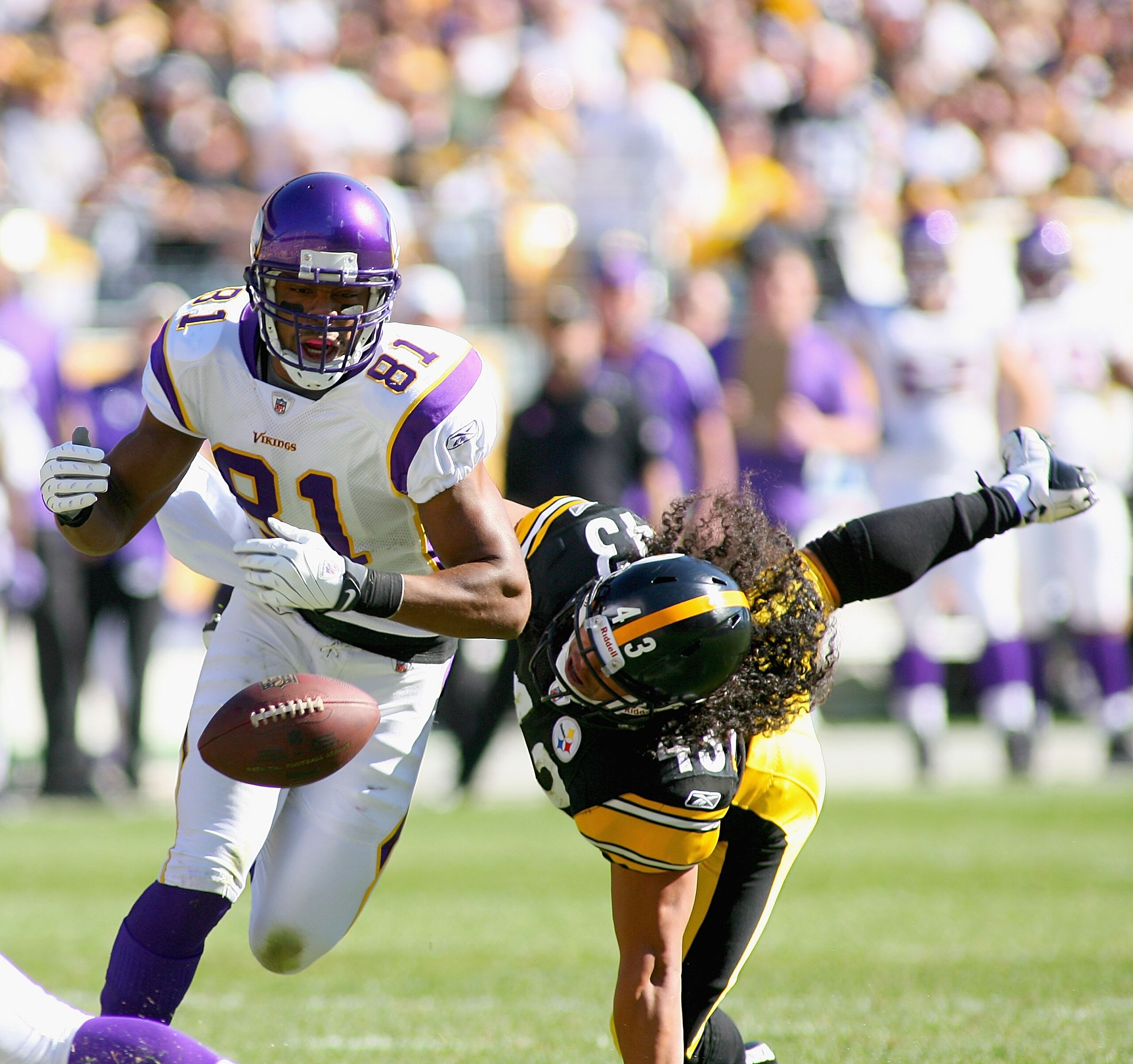 PITTSBURGH - OCTOBER 25: Visanthe Shiancoe #81 of the Minnesota Vikings can't make a catch with pressure from Troy Polamalu #43 of the Pittsburgh Steelers at Heinz Field on October 25, 2009 in Pittsburgh, Pennsylvania. Pittsburgh won 27-17. (Photo by Rick