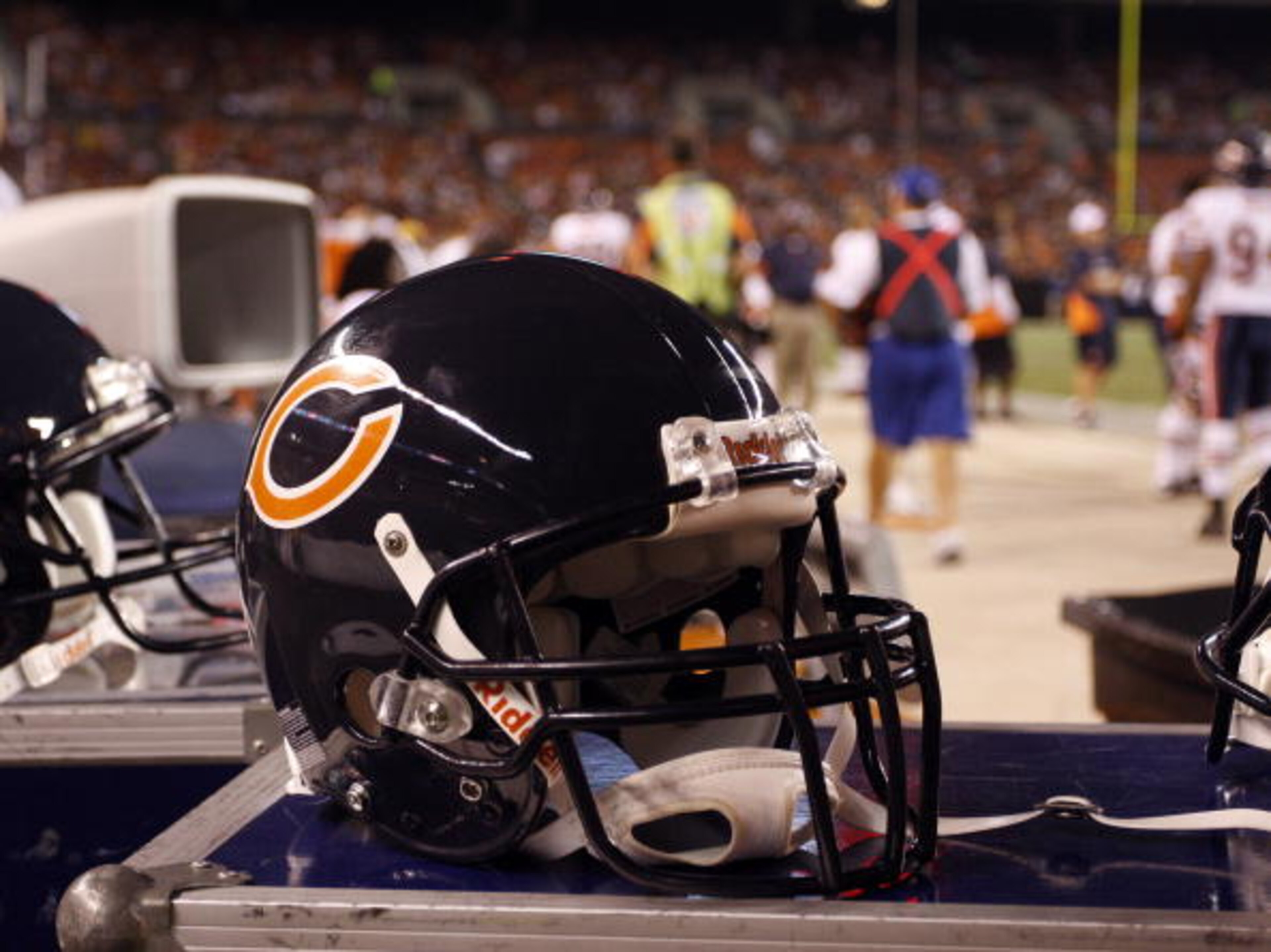 CLEVELAND - SEPTEMBER 2: A Chicago Bears helmet sits on the sideline during the preseason game between the Chicago Bears and the Cleveland Browns on September 2, 2010 at Cleveland Browns Stadium in Cleveland, Ohio. The Browns defeated the Bears 13-10. (Ph
