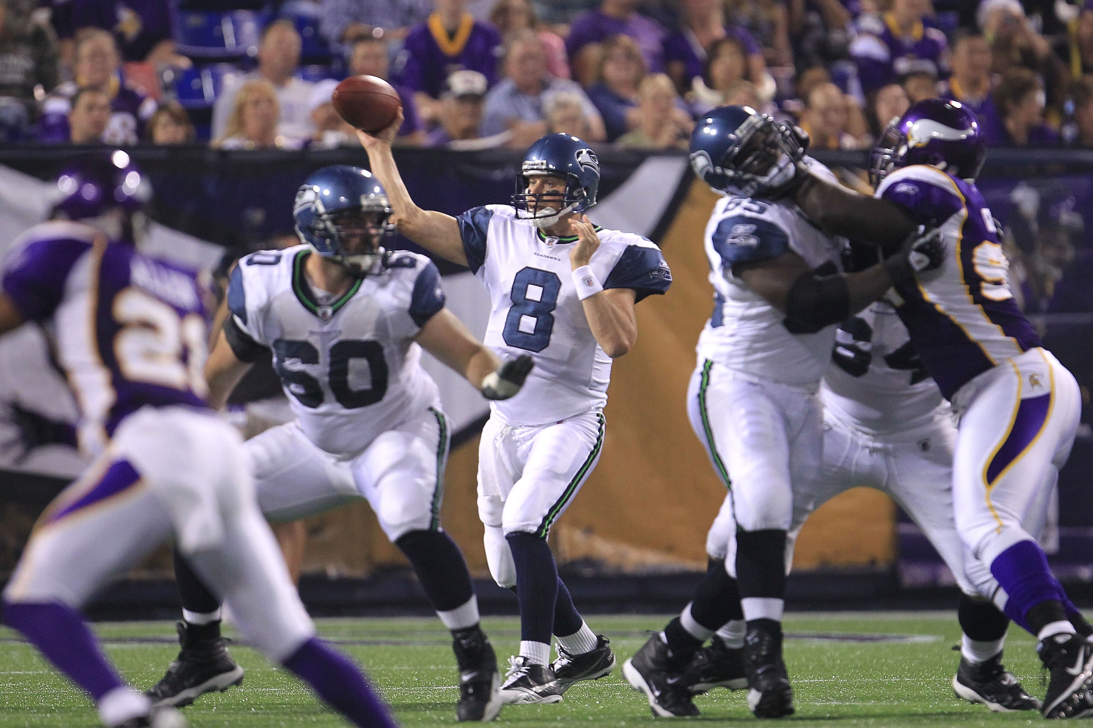 MINNEAPOLIS - AUGUST 28:  Matt Hasselbeck #8 of the Seattle Seahawks throws a pass against the Minnesota Vikings during a preseason NFL game at Mall of America Field at the Hubert H. Humphrey Metrodome on August 28, 2010  in Minneapolis, Minnesota.  (Phot
