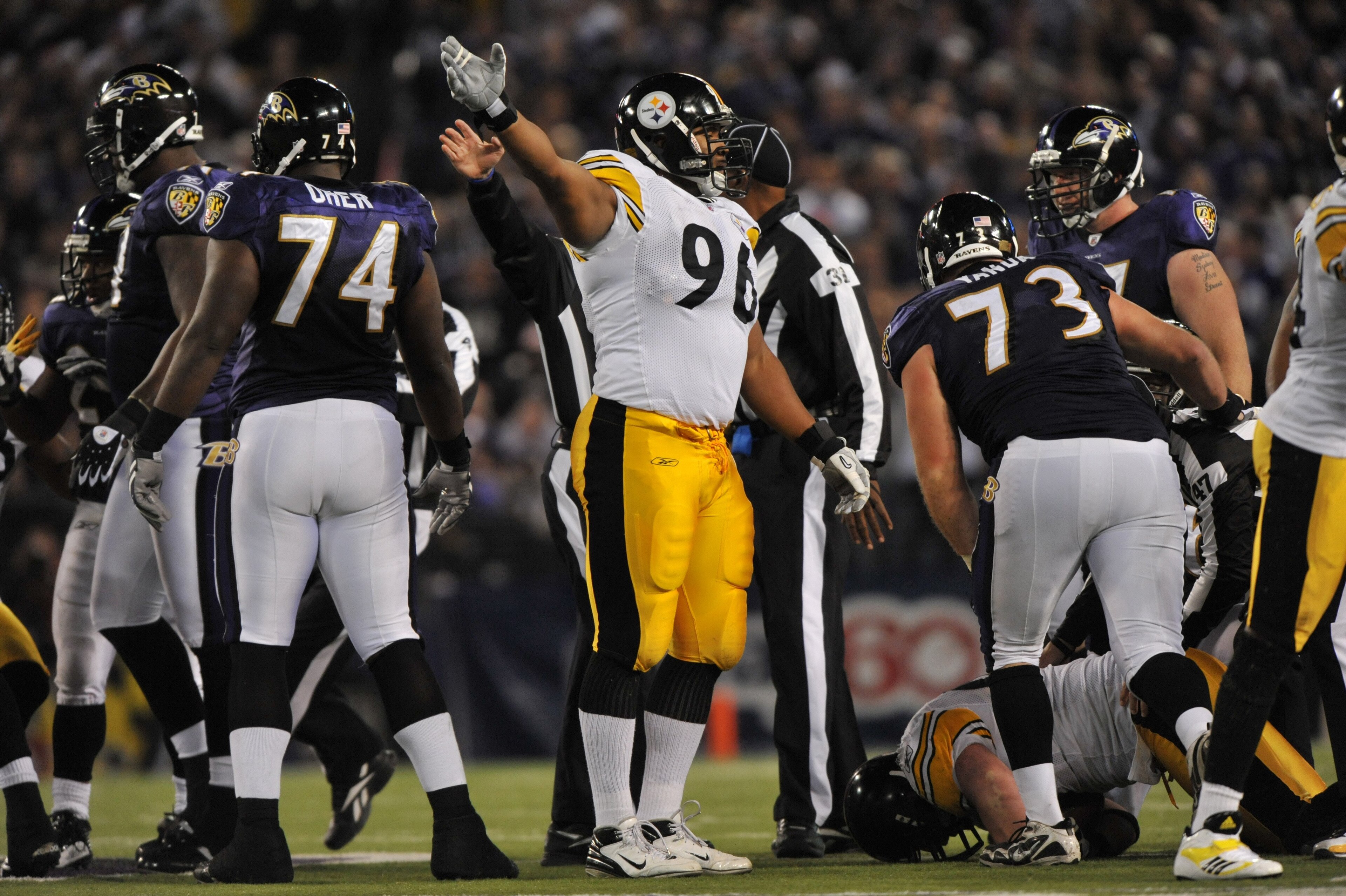 BALTIMORE - NOVEMBER 29:  Ziggy Hood #96 of the Pittsburgh Steelers signals possesion of a Ravens fumble during the game against the  Baltimore Ravens at M&T Bank Stadium on November 29, 2009 in Baltimore, Maryland. The Ravens defeated the Steelers 20-17.