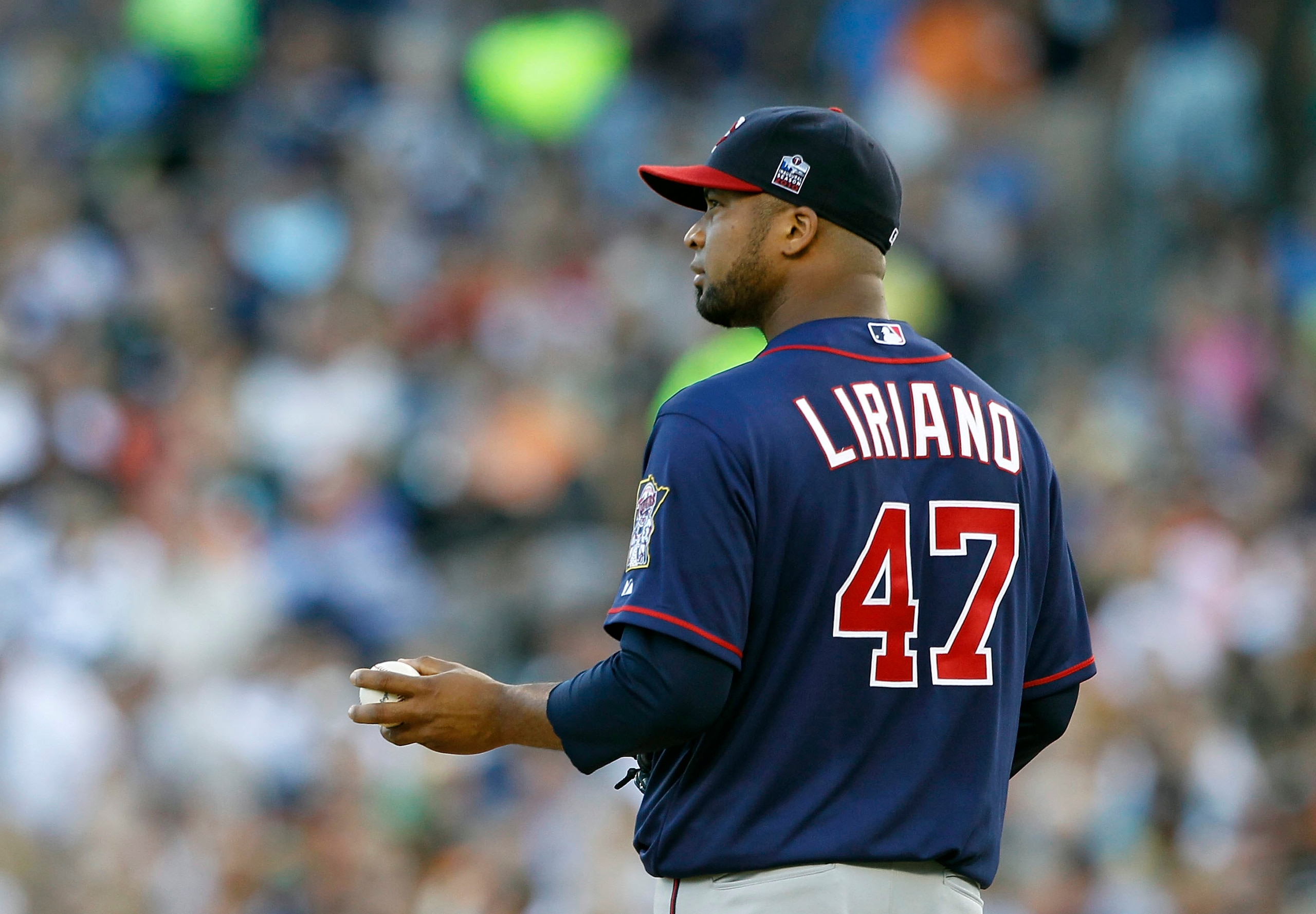 DETROIT - JULY 09: Francisco Liriano #47 of the Minnesota Twins reacts after giving up a second inning triple off the bat of Carlos Guillen #9 of the Detroit Tigers during the game on July 9, 2010 at Comerica Park in Detroit, Michigan. (Photo by Leon Hali