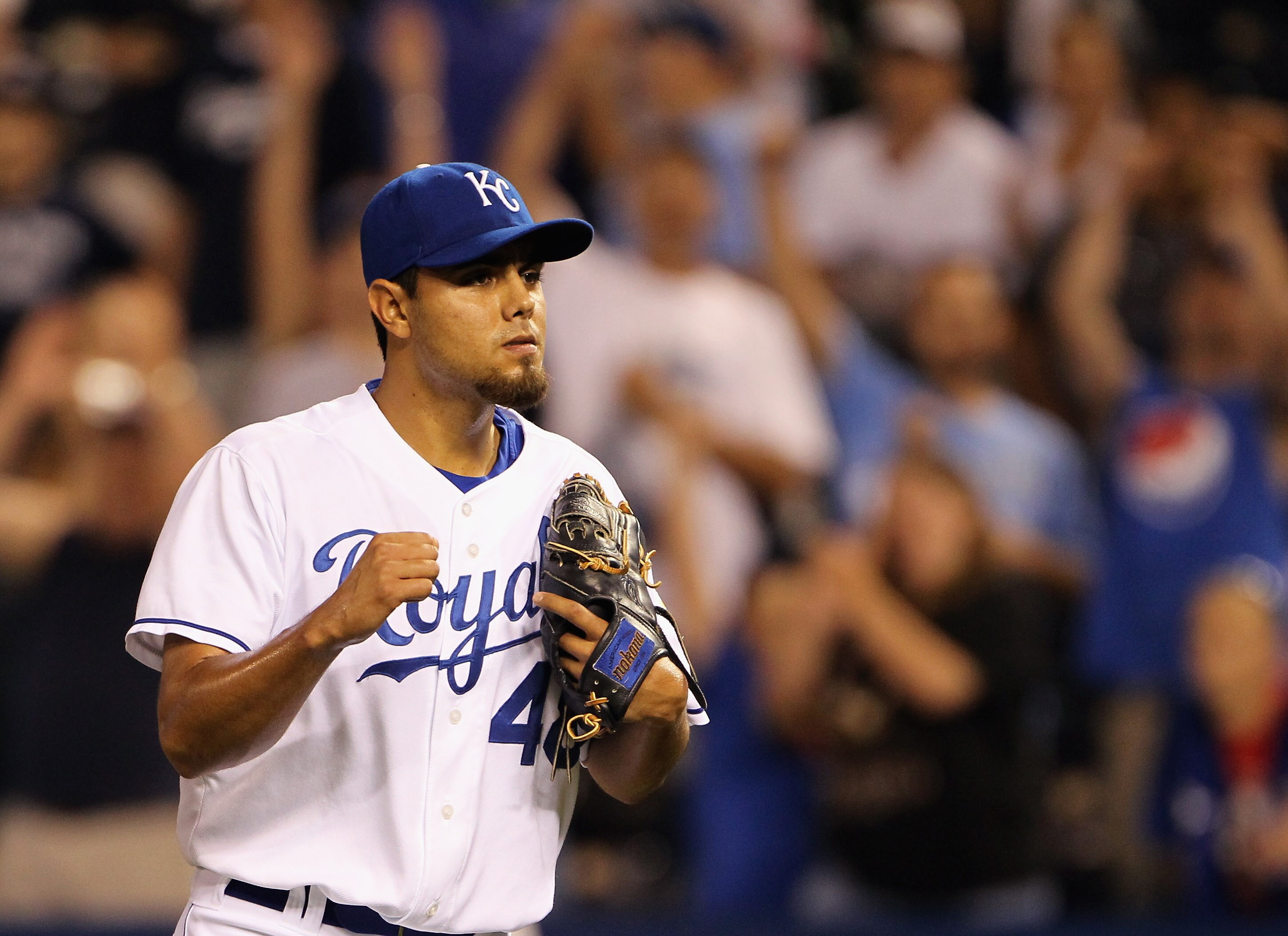 KANSAS CITY, MO - AUGUST 13: Pitcher Joakim Soria #48 of the Kansas City Royals pumps his fist after the Royals defeated the New York Yankees 4-3 to win the game on August 13, 2010 at Kauffman Stadium in Kansas City, Missouri. (Photo by Jamie Squire/Ge KANSAS CITY, MO - AUGUST 13: Pitcher Joakim Soria #48 of the Kansas City Royals pumps his fist after the Royals defeated the New York Yankees 4-3 to win the game on August 13, 2010 at Kauffman Stadium in Kansas City, Missouri. (Photo by Jamie Squire/Ge