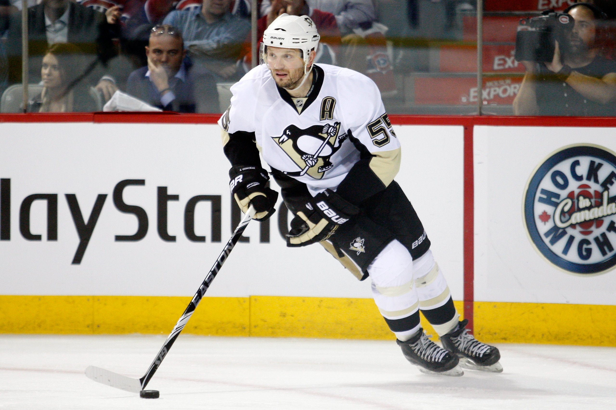 MONTREAL- MAY 4:  Sergei Gonchar #55 of the Pittsburgh Penguins skates with the puck in Game Three of the Eastern Conference Semifinals against the Montreal Canadiens during the 2010 NHL Stanley Cup Playoffs at the Bell Centre on May 4, 2010 in Montreal,