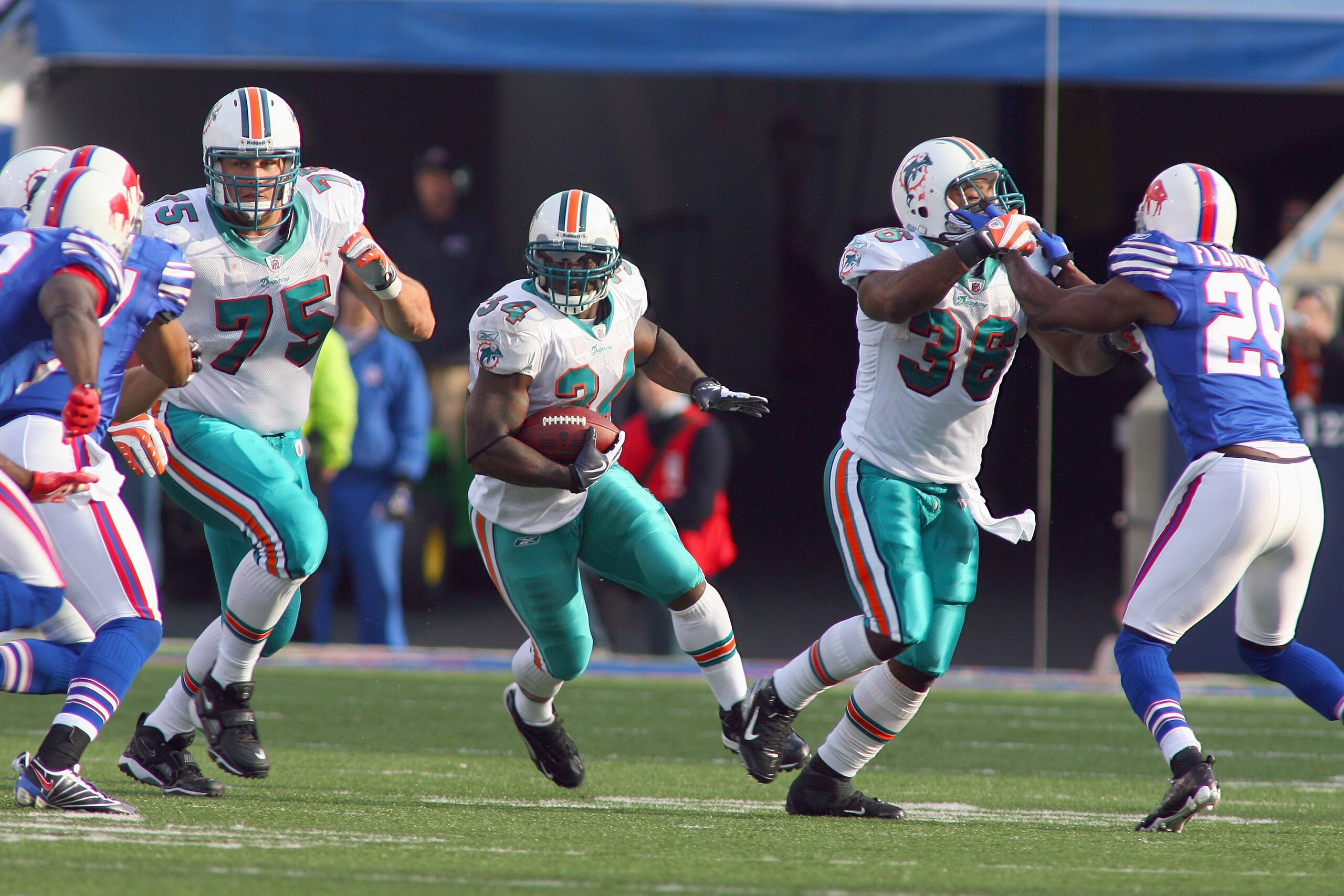 ORCHARD PARK, NY - NOVEMBER 29:  Ricky Williams #34 of the Miami Dolphins carries the ball during the game against the Buffalo Bills at Ralph Wilson Stadium on November 29, 2009 in Orchard Park, New York. Buffalo won 31-14. (Photo by Rick Stewart/Getty Im