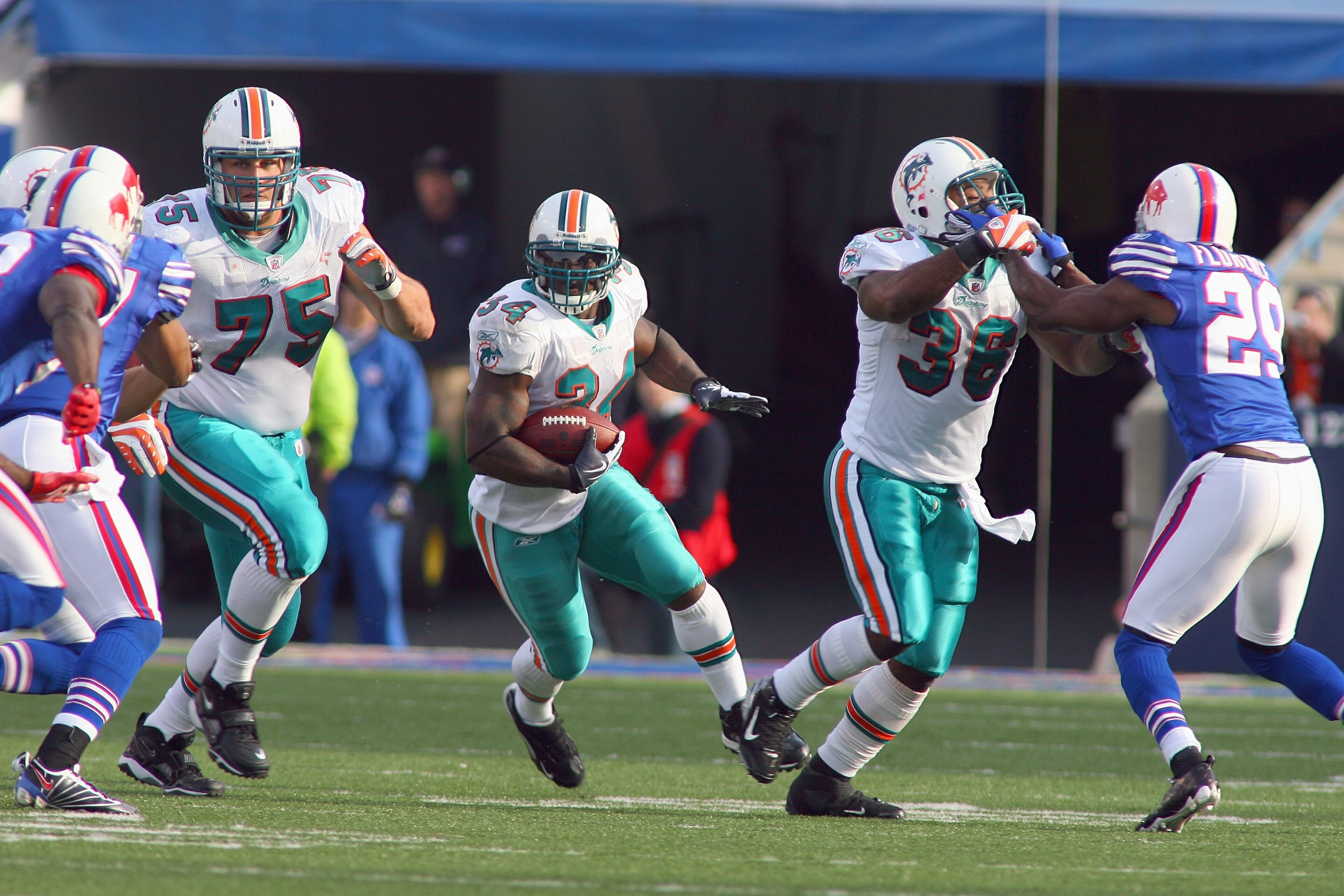 ORCHARD PARK, NY - NOVEMBER 29:  Ricky Williams #34 of the Miami Dolphins carries the ball during the game against the Buffalo Bills at Ralph Wilson Stadium on November 29, 2009 in Orchard Park, New York. Buffalo won 31-14. (Photo by Rick Stewart/Getty Im