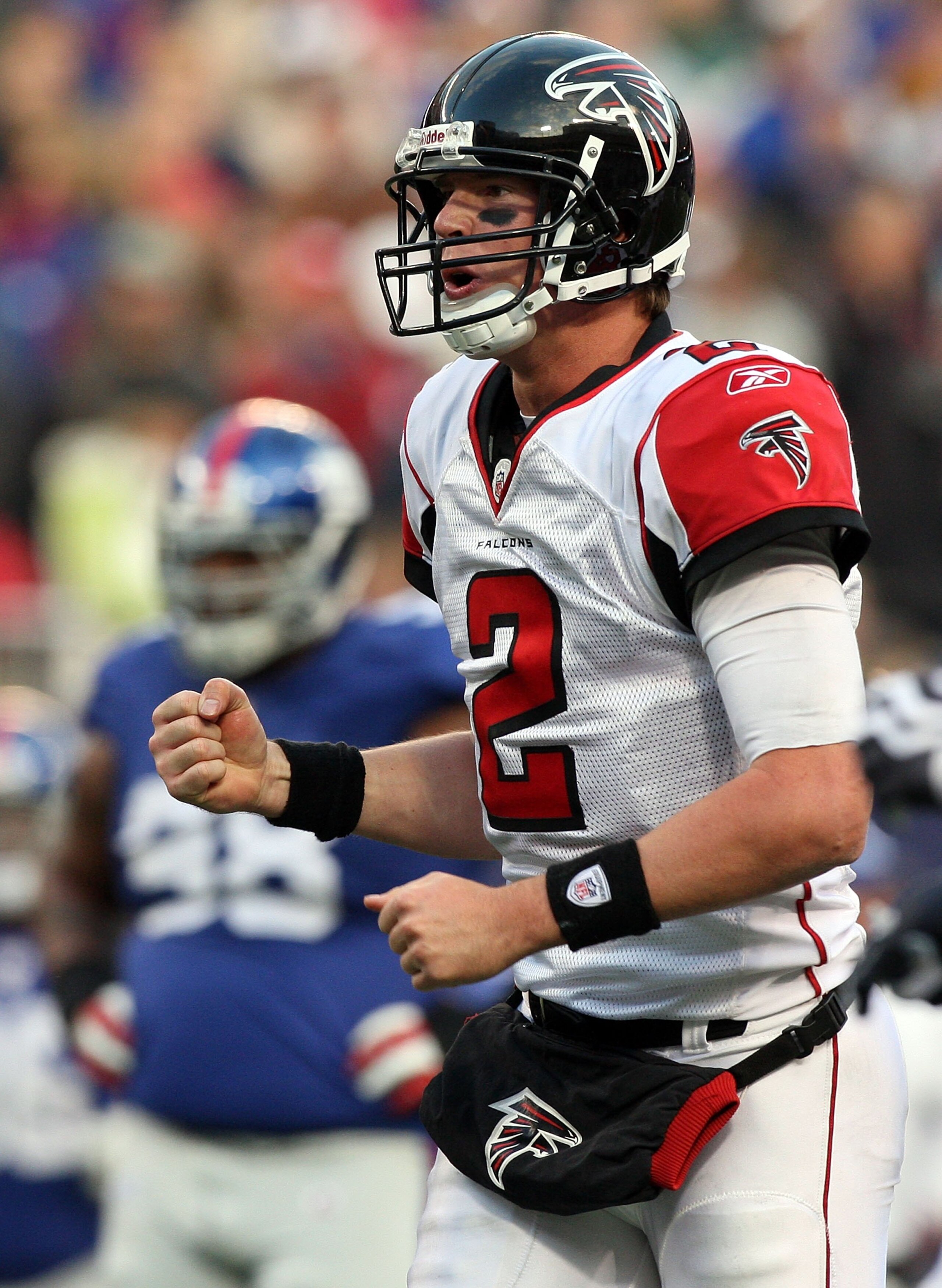 EAST RUTHERFORD, NJ - NOVEMBER 22:  Matt Ryan #2 of the Atlanta Falcons celebratesl against the New York Giants on November 22, 2009 at Giants Stadium in East Rutherford, New Jersey. The Giants defeated the Falcons 34-31 in overtime.  (Photo by Jim McIsaa