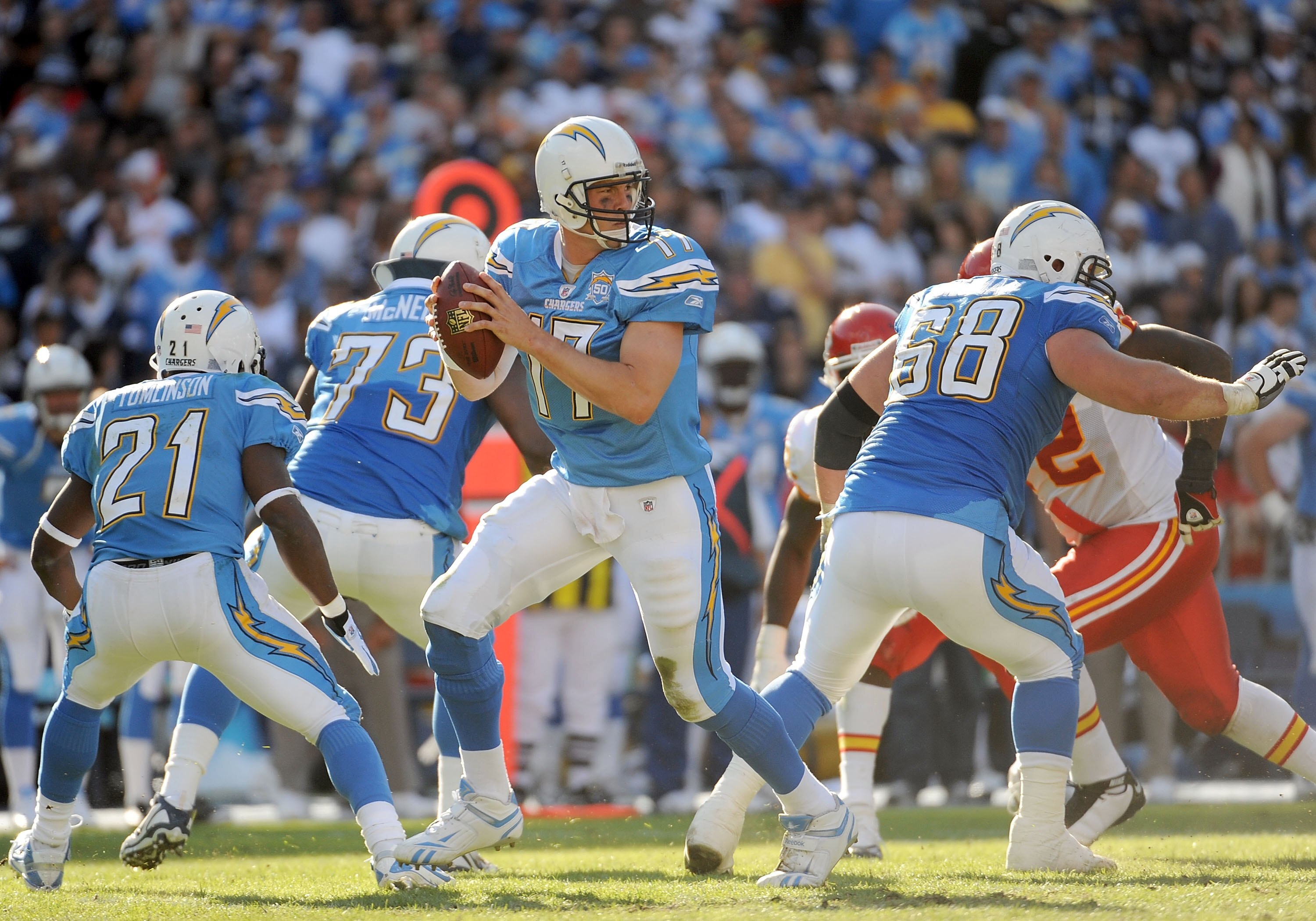 SAN DIEGO - NOVEMBER 29: Philip Rivers #17 of the San Diego Chargers drops back to pass against the Kansas City Chiefs at Qualcomm Stadium on November 29, 2009 in San Diego, California. (Photo by Harry How/Getty Images) SAN DIEGO - NOVEMBER 29: Philip Rivers #17 of the San Diego Chargers drops back to pass against the Kansas City Chiefs at Qualcomm Stadium on November 29, 2009 in San Diego, California. (Photo by Harry How/Getty Images)