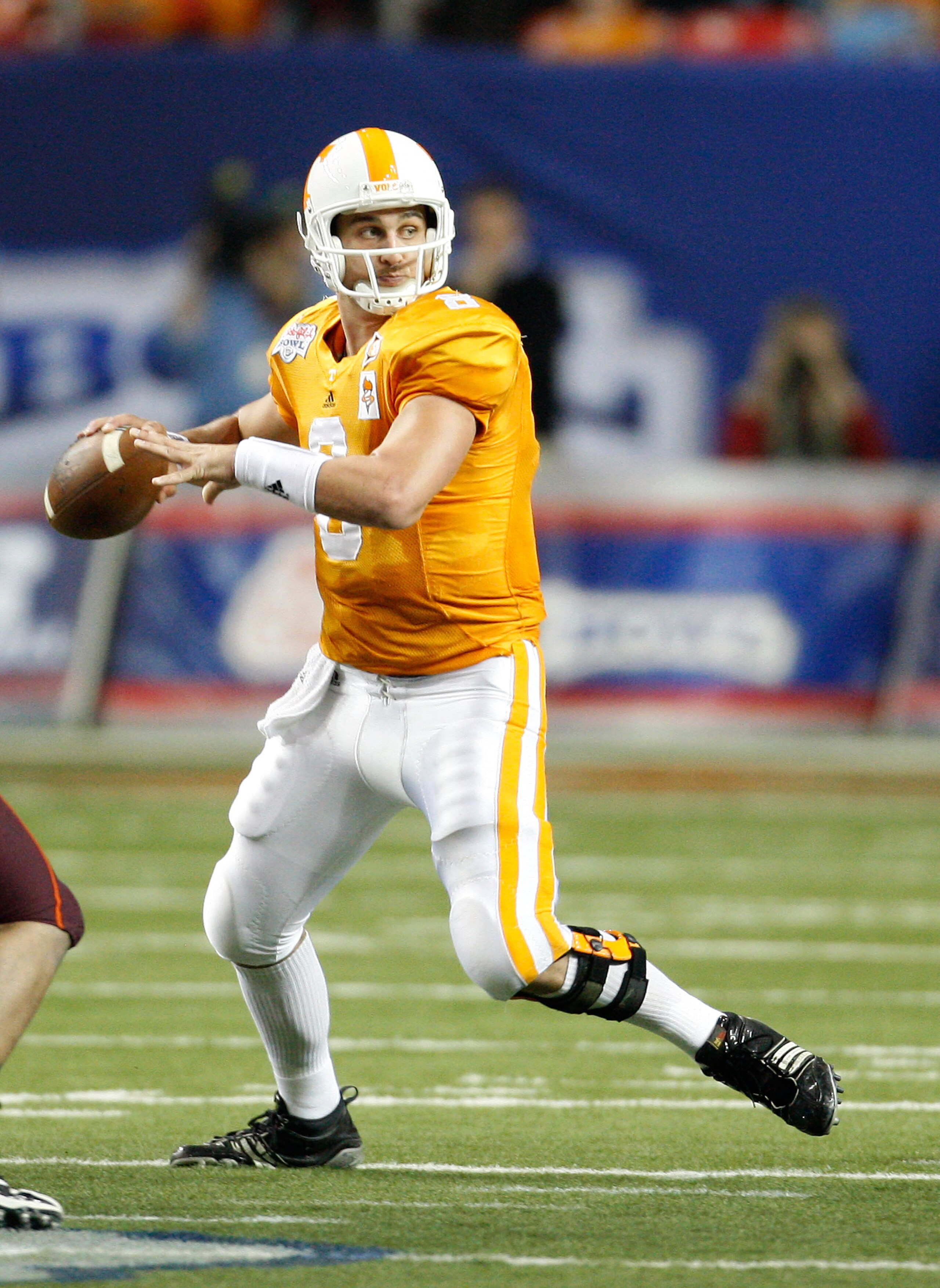 ATLANTA - DECEMBER 31:  Quarterback Jonathan Crompton #8 of the Tennessee Volunteers looks to pass during the Chick-Fil-A Bowl against the Virginia Tech Hokies at the Georgia Dome on December 31, 2009 in Atlanta, Georgia.  The Hokies beat the Volunteers 3