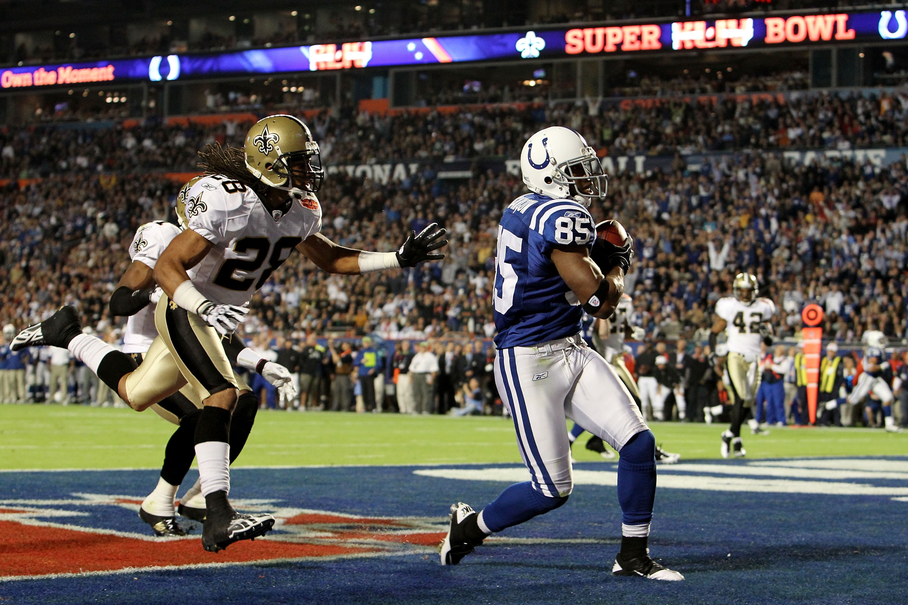 MIAMI GARDENS, FL - FEBRUARY 07: Pierre Garcon #85 of the Indianapolis Colts catches a touchdown pass in the first quarter against the New Orleans Saints during Super Bowl XLIV on February 7, 2010 at Sun Life Stadium in Miami Gardens, Florida. (Photo by MIAMI GARDENS, FL - FEBRUARY 07: Pierre Garcon #85 of the Indianapolis Colts catches a touchdown pass in the first quarter against the New Orleans Saints during Super Bowl XLIV on February 7, 2010 at Sun Life Stadium in Miami Gardens, Florida. (Photo by