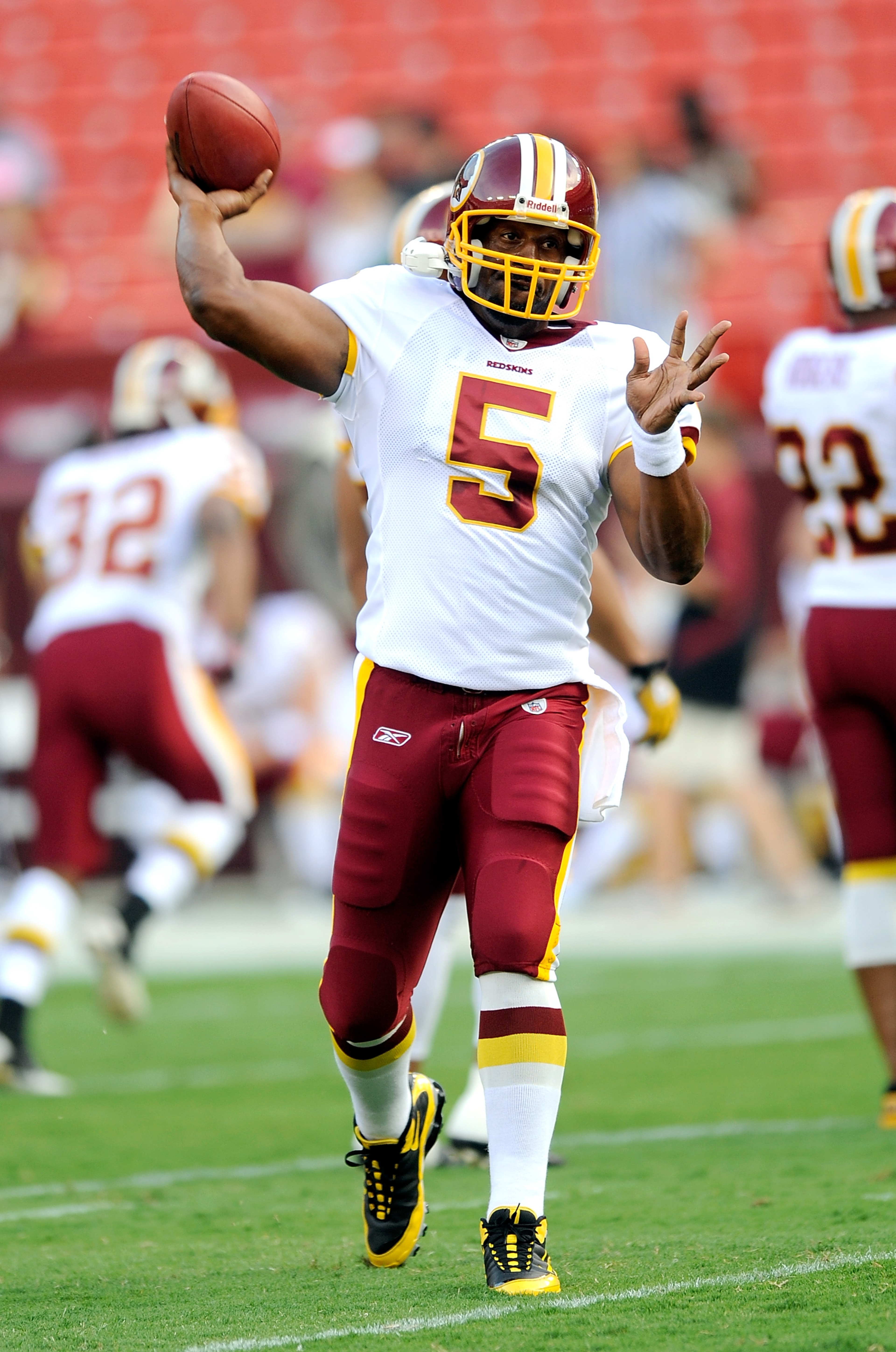 LANDOVER, MD - AUGUST 21: Donovan McNabb #5 of the Washington Redskins warms up before the preseason game against the Baltimore Ravens at FedExField on August 21, 2010 in Landover, Maryland. (Photo by Greg Fiume/Getty Images) LANDOVER, MD - AUGUST 21: Donovan McNabb #5 of the Washington Redskins warms up before the preseason game against the Baltimore Ravens at FedExField on August 21, 2010 in Landover, Maryland. (Photo by Greg Fiume/Getty Images)