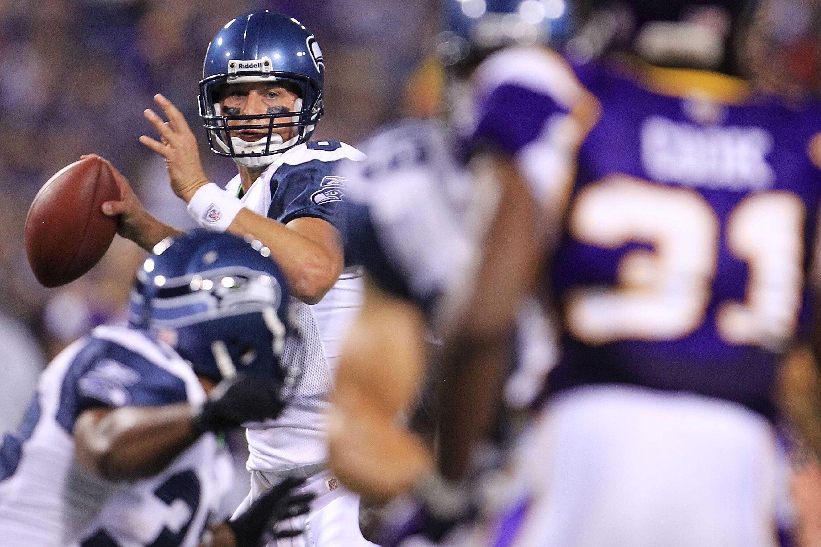 MINNEAPOLIS - AUGUST 28:  Matt Hasselbeck #8 of the Seattle Seahawks throws a pass against the Minnesota Vikings during a preseason NFL game at Mall of America Field at the Hubert H. Humphrey Metrodome on August 28, 2010  in Minneapolis, Minnesota.  (Phot