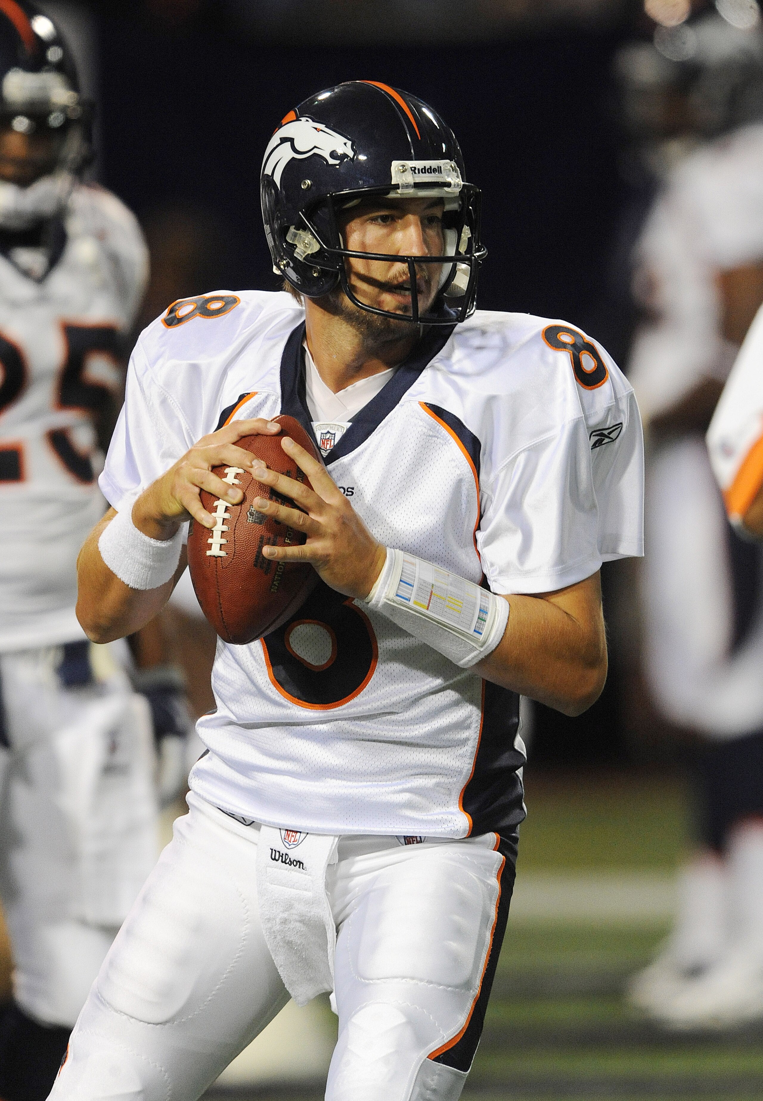 MINNEAPOLIS - SEPTEMBER 2:  Kyle Orton #8 of the Denver Broncos passes the ball during warmups prior to an NFL preseason game against the Minnesota Vikings at the Mall of America Field at Hubert H. Humphrey Metrodome, on September 2, 2010 in Minneapolis,