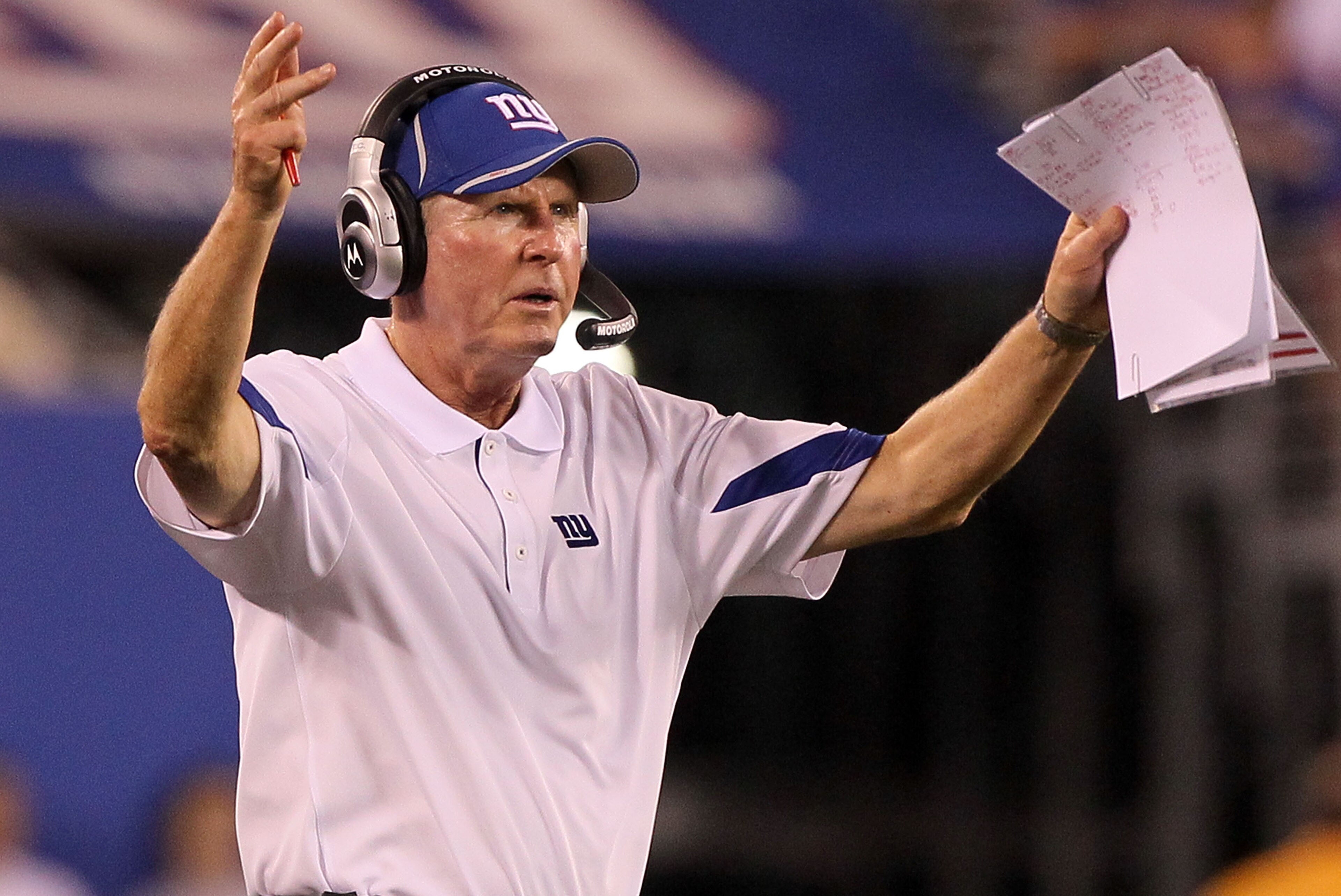 EAST RUTHERFORD, NJ - SEPTEMBER 02: Head coach Tom Coughlin of the New York Giants reacts during the game against the New England Patriots on September 2, 2010 at the New Meadowlands Stadium in East Rutherford, New Jersey. The Giants defeated the Patriot EAST RUTHERFORD, NJ - SEPTEMBER 02: Head coach Tom Coughlin of the New York Giants reacts during the game against the New England Patriots on September 2, 2010 at the New Meadowlands Stadium in East Rutherford, New Jersey. The Giants defeated the Patriot
