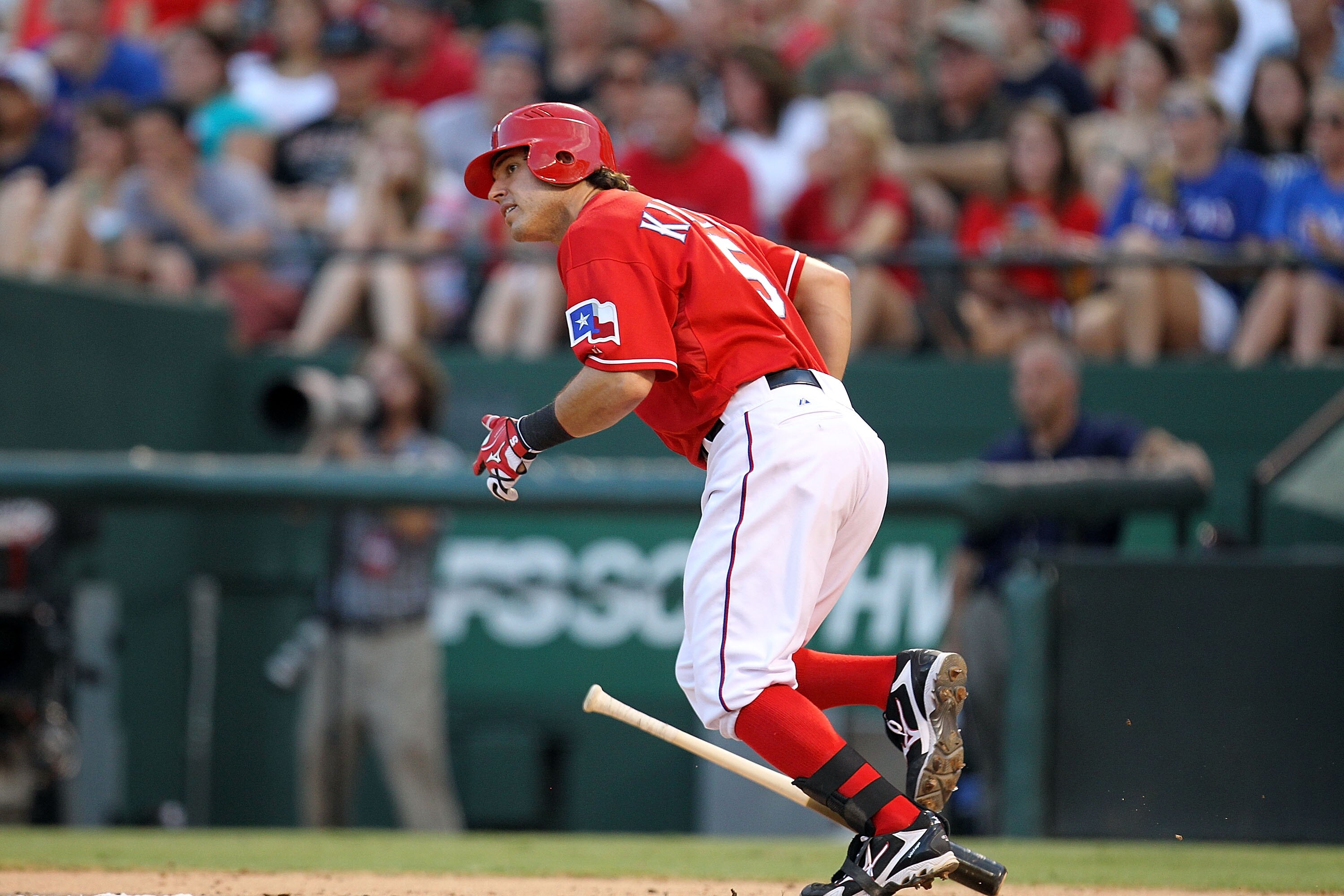 ARLINGTON, TX - JULY 25:  Ian Kinsler #5 of the Texas Rangers on July 25, 2010 at Rangers Ballpark in Arlington, Texas.  (Photo by Ronald Martinez/Getty Images)
