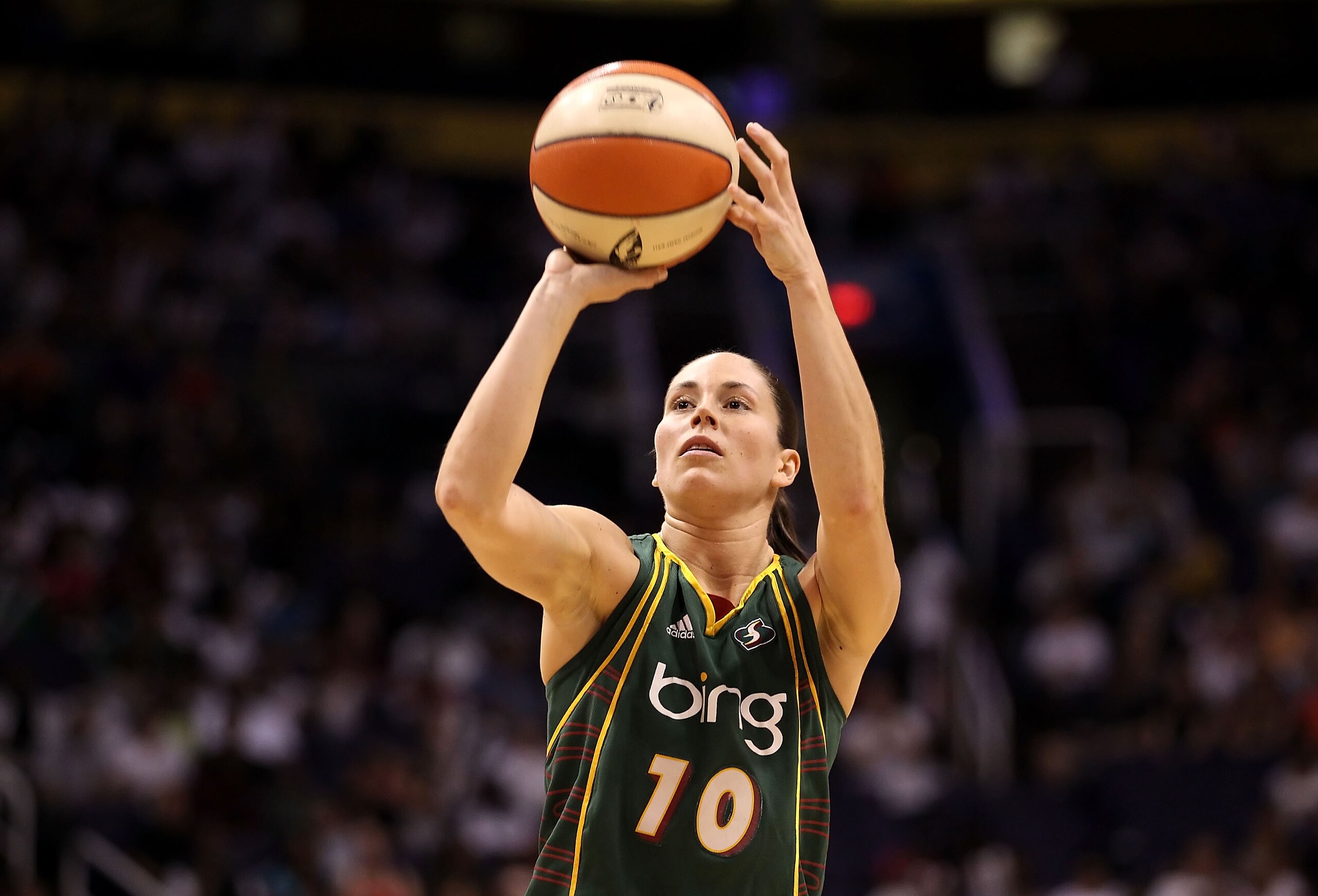 PHOENIX - SEPTEMBER 05:  Sue Bird #10 of the Seattle Storm shoot a free throw shot in Game Two of the Western Conference Finals against the Phoenix Mercury during the 2010 WNBA Playoffs at US Airways Center on September 5, 2010 in Phoenix, Arizona. The St