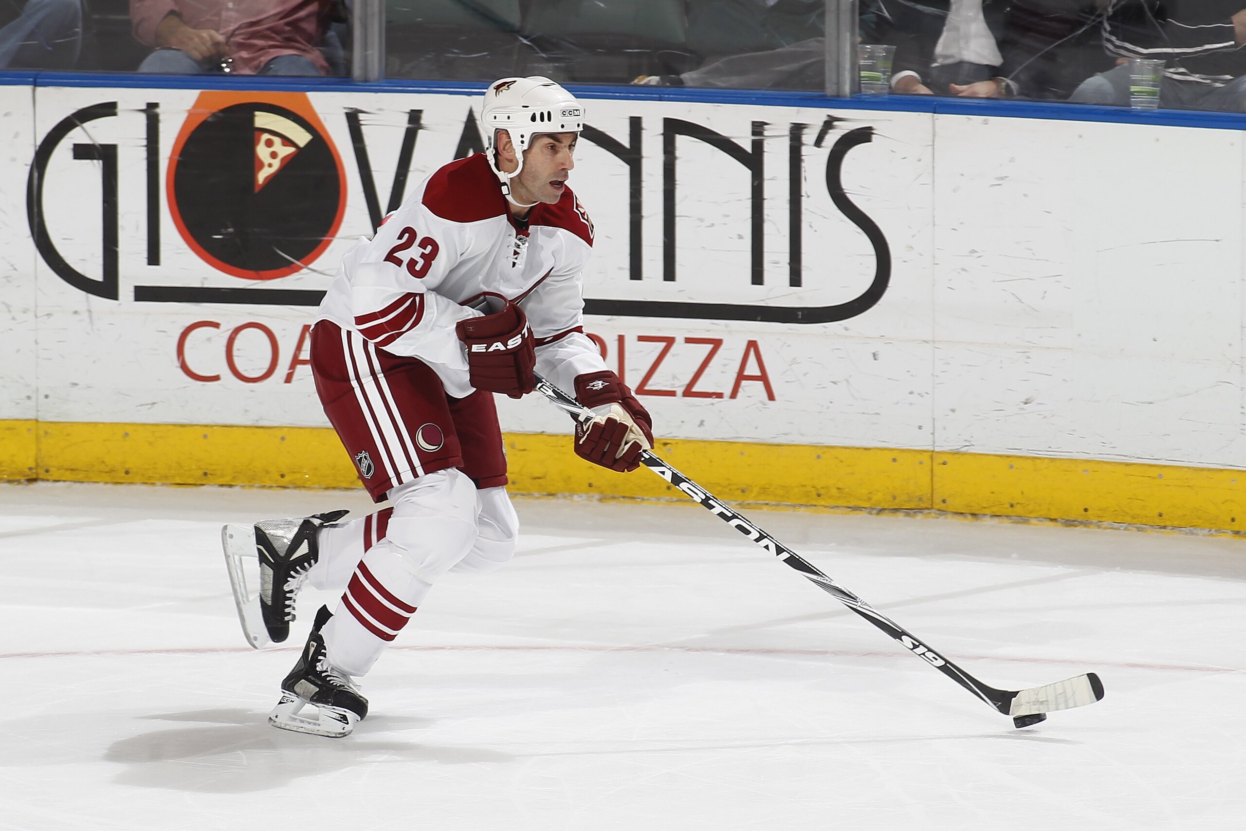 SUNRISE, FL - MARCH 18: Mathieu Schneider #23 of the Phoenix Coyotes skates the puck up ice against the Florida Panthers on March 18, 2010 at the BankAtlantic Center in Sunrise, Florida. The Coyotes defeated the Panthers 4-3 (SO). (Photo by Joel Auerbach/